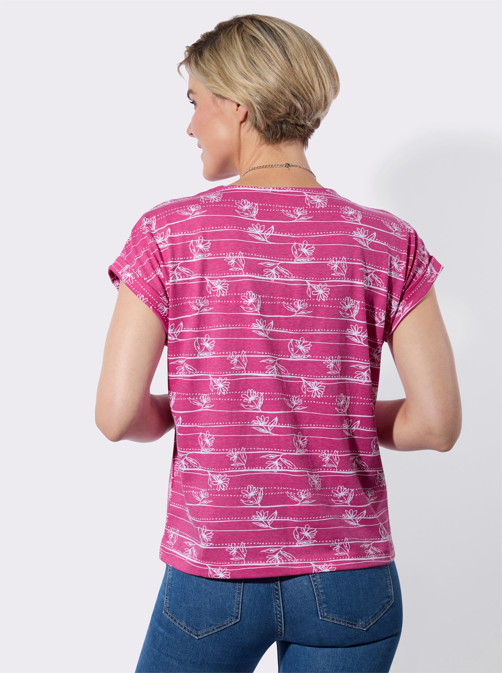 Shirt mit überschnittenen Schultern - fuchsia-weiß-bedruckt