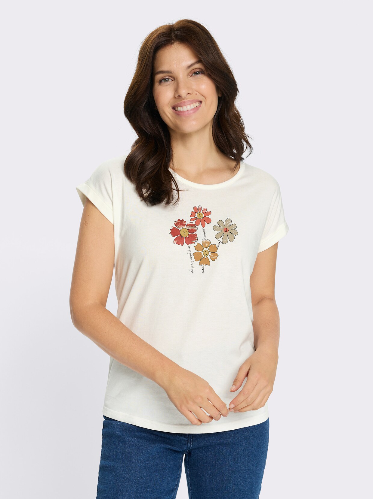 Rundhalsshirt mit überschnittenen Ärmeln - ecru-papaya