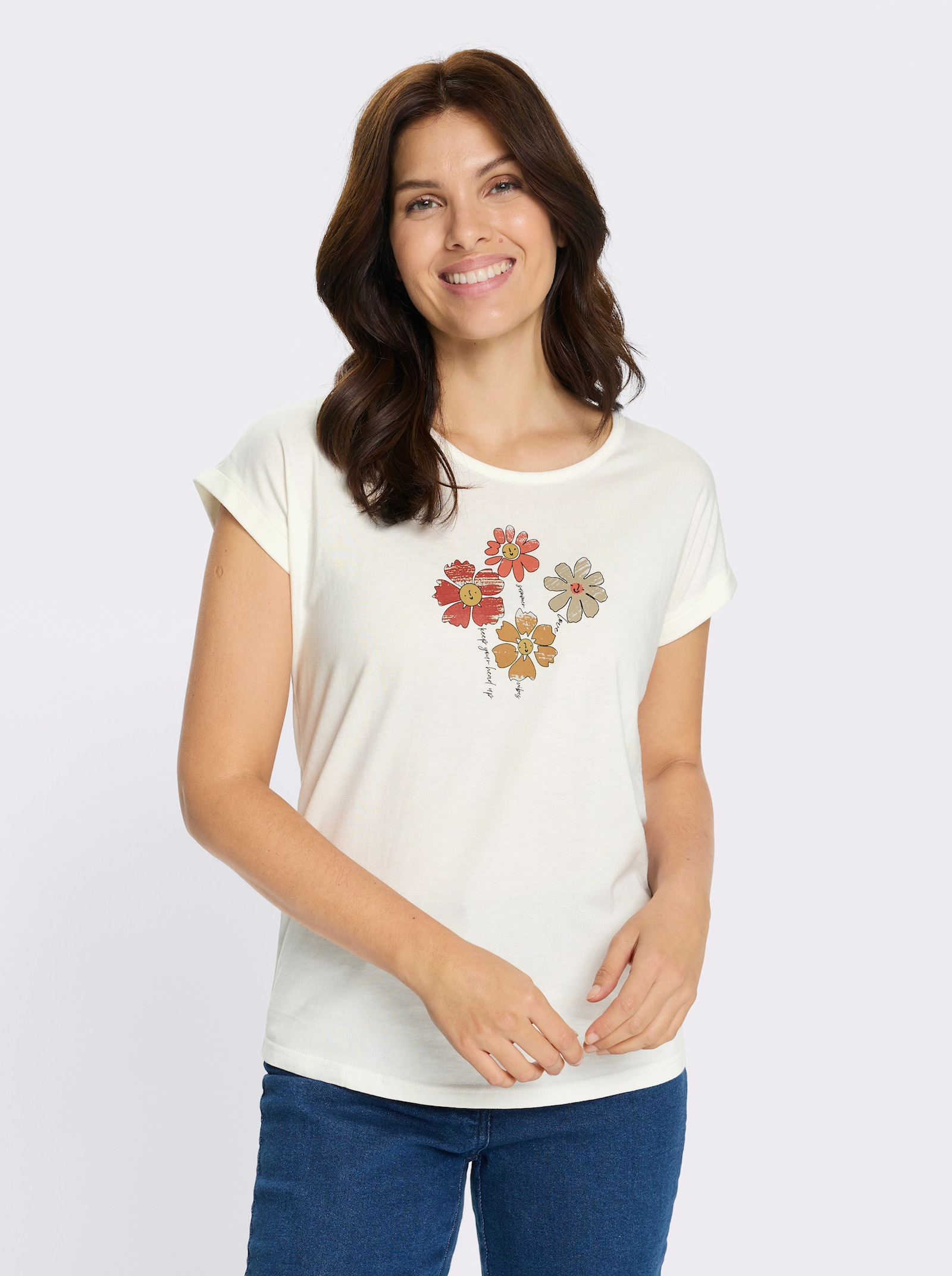 Tričko s kulatým výstřihem se zakrytými rameny - ecru-papája