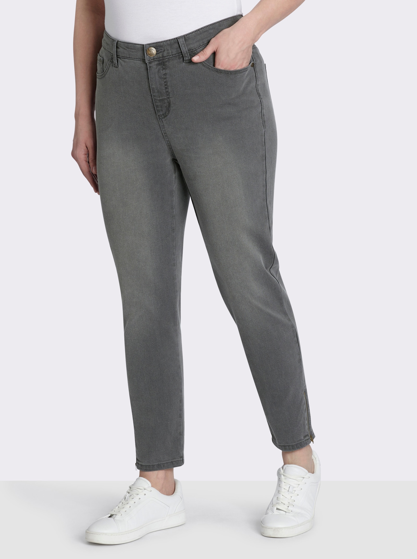 sheego Stretch-Jeans mit Zipper am Saum - grey denim