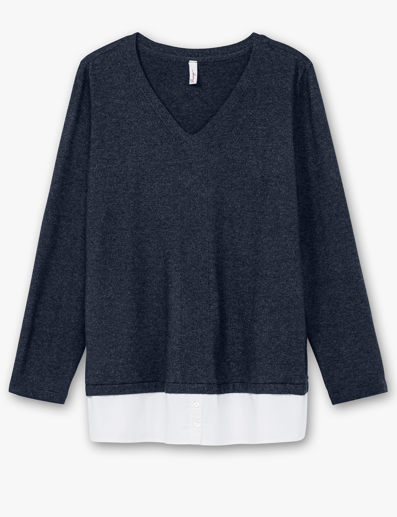 sheego Feinstrickpullover mit Blusen-Einsatz am Saum - tiefblau-meliert