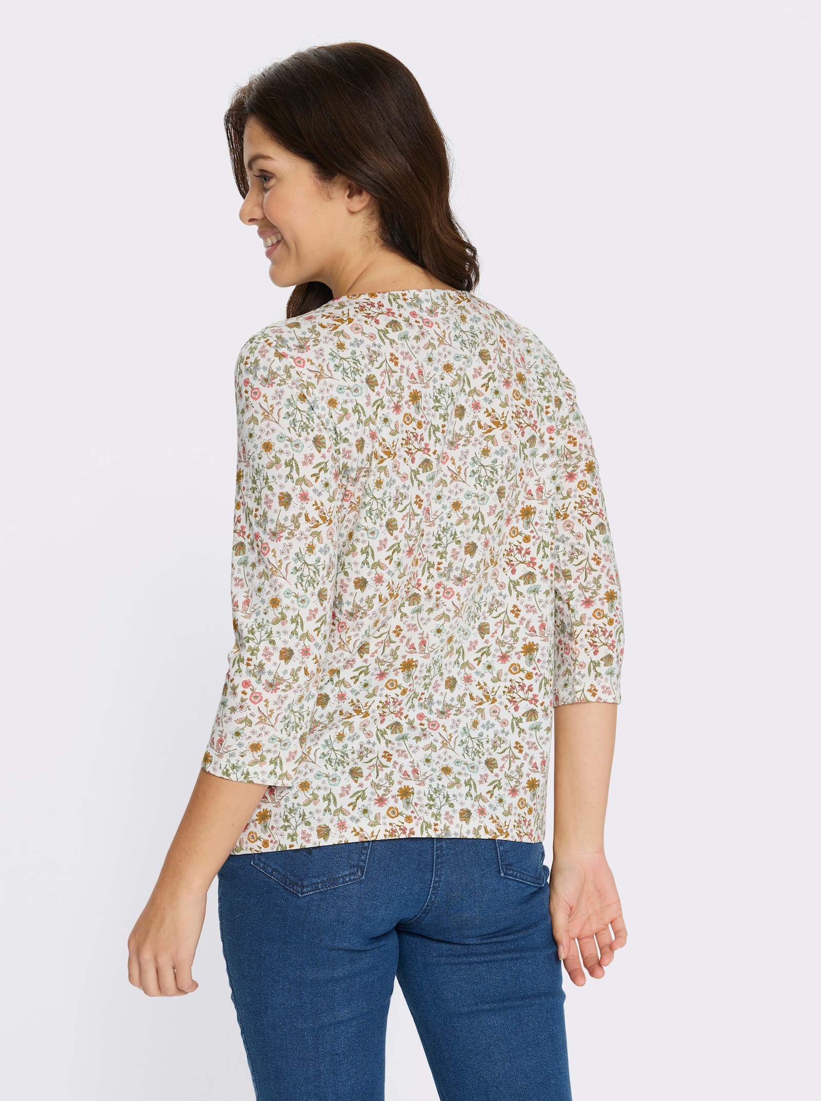 3/4-Arm-Shirt mit floralem Druck - ecru-khaki-bedruckt