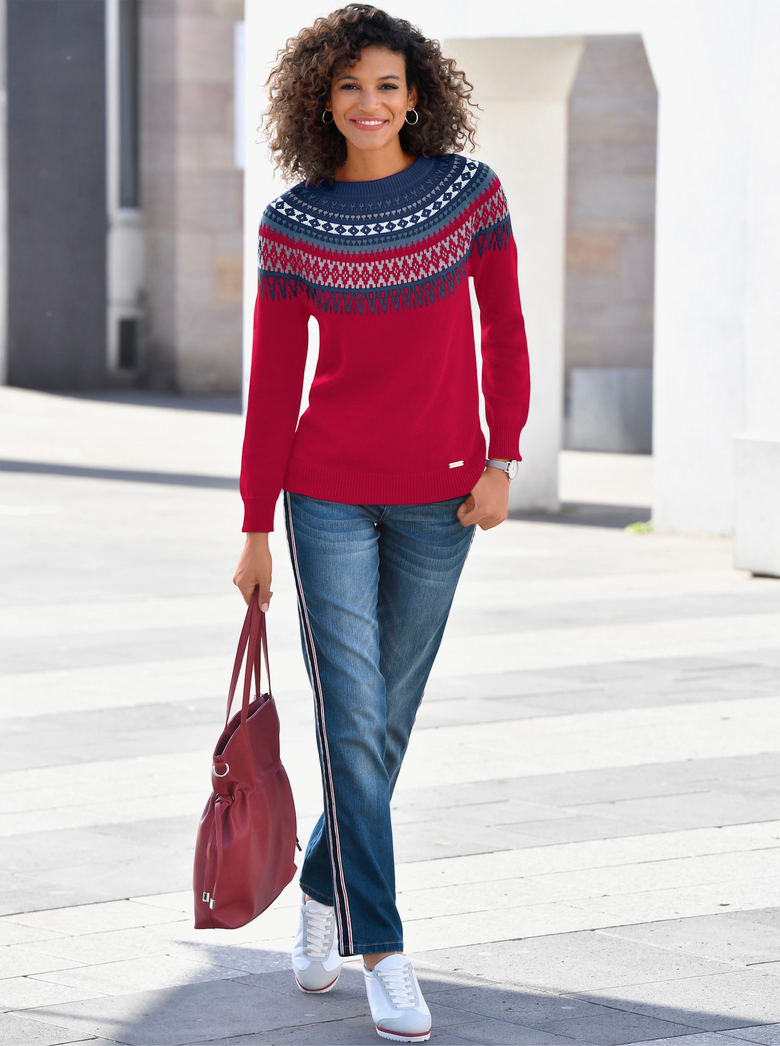 Norwegerpullover aus reiner Baumwolle - kirsche-nachtblau-gemustert