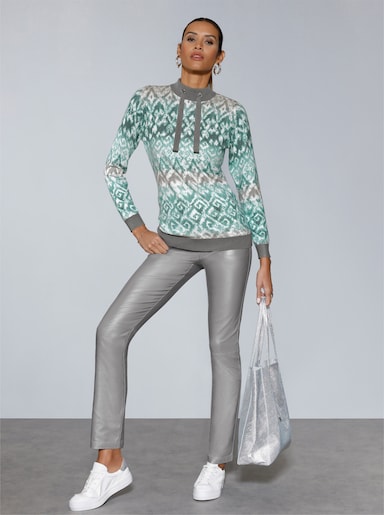 Stehkragenpullover mit Bindebändern - ecru-grau-bedruckt