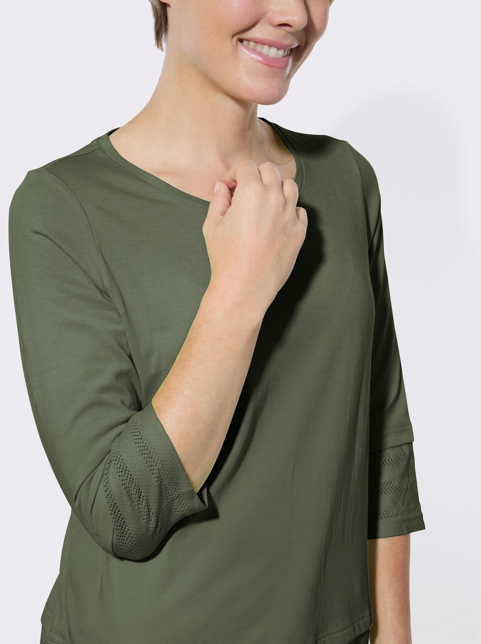 Rundhalsshirt mit Netzeinsätzen - khaki