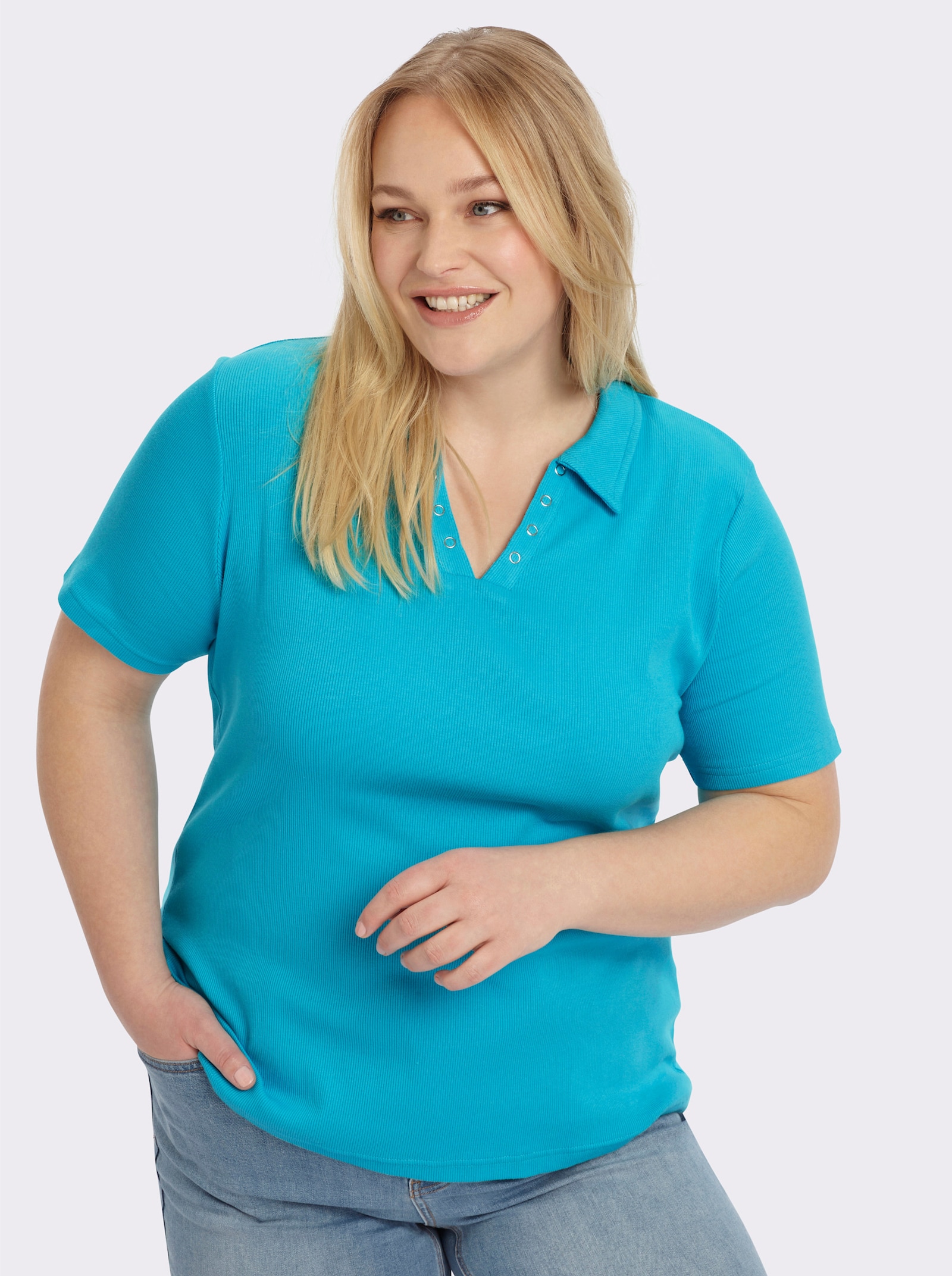 Poloshirt mit Ösen-Verzierung - türkis