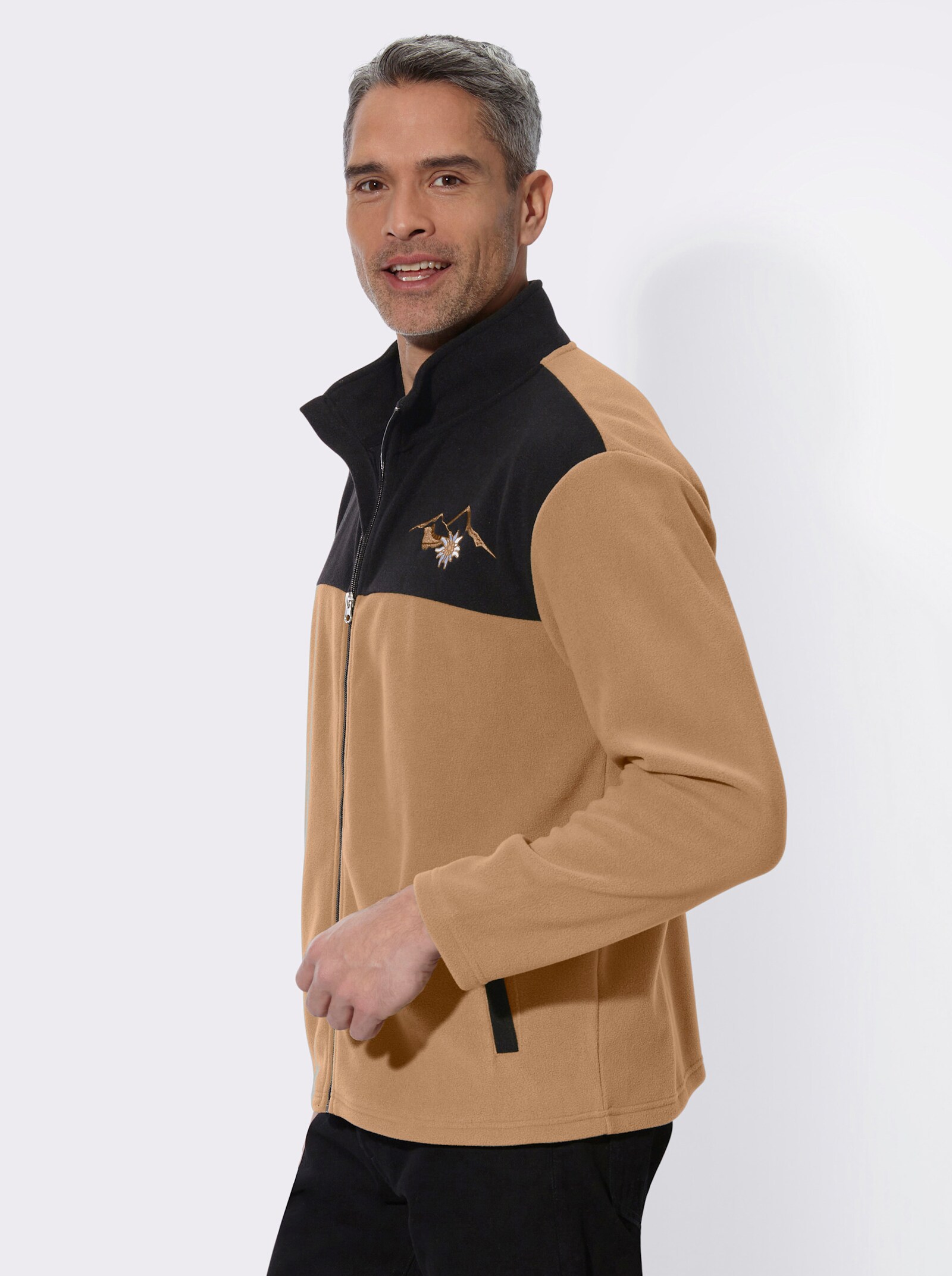 Fleecejacke mit Edelweiß-Stickerei - schwarz-camel