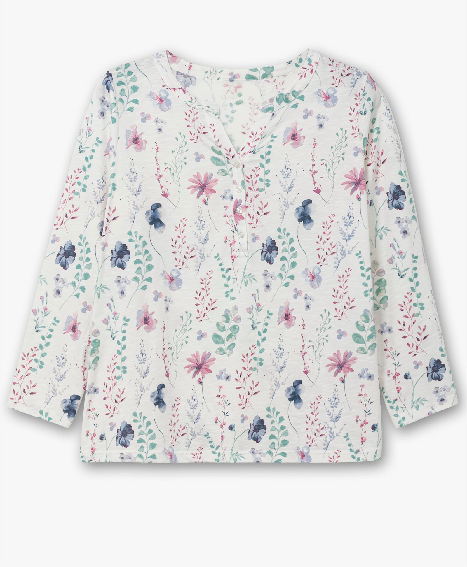 Langarmshirt mit kleiner Knopfleiste - ecru-mauve-bedruckt