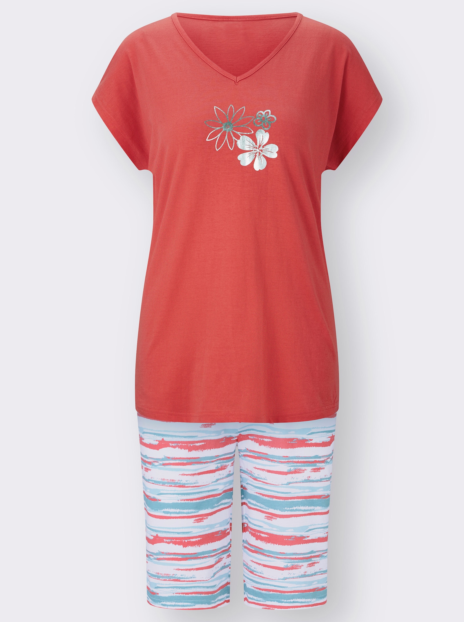 Kortärmad pyjamas i enkelstickad trikå - korall-ecru