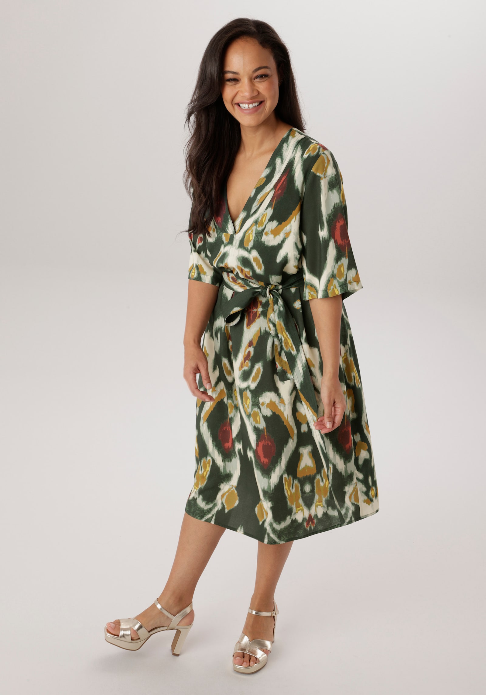 Aniston PLUS Blusenkleid - khaki-weiß-bordeaux-senf