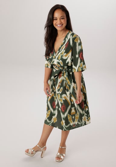 Aniston PLUS Blusenkleid - khaki-weiß-bordeaux-senf