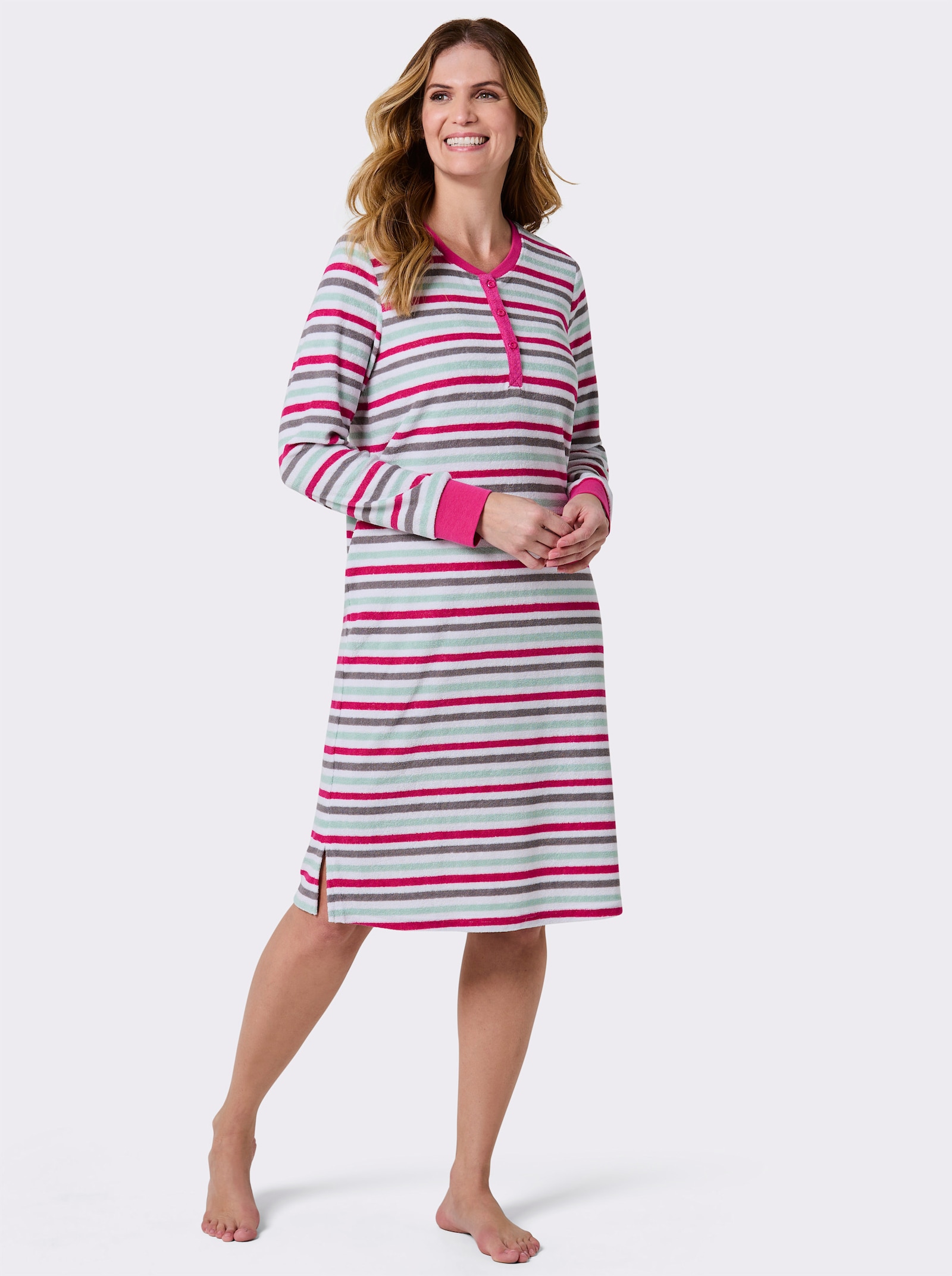 wäschepur Nachthemd in Frottee-Qualität - fuchsia-weiß-geringelt