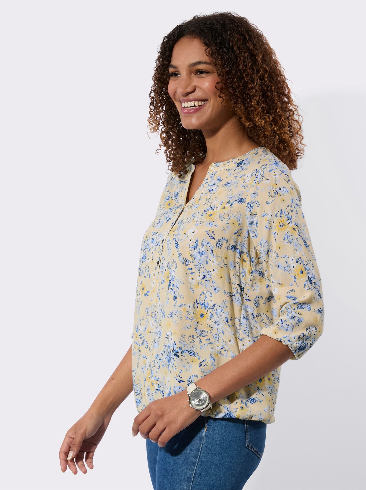 Druckbluse - vanille-rauchblau-bedruckt