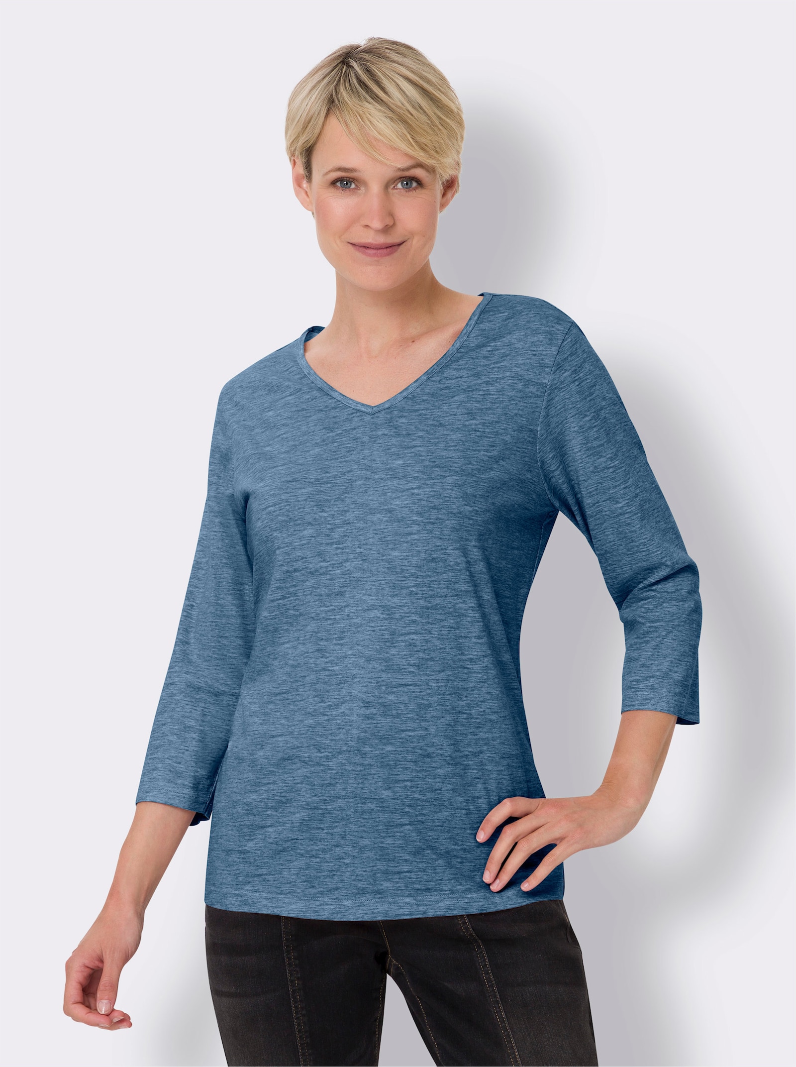 Shirt met 3/4-mouwen in gemêleerde look - donkerblauw gemêleerd