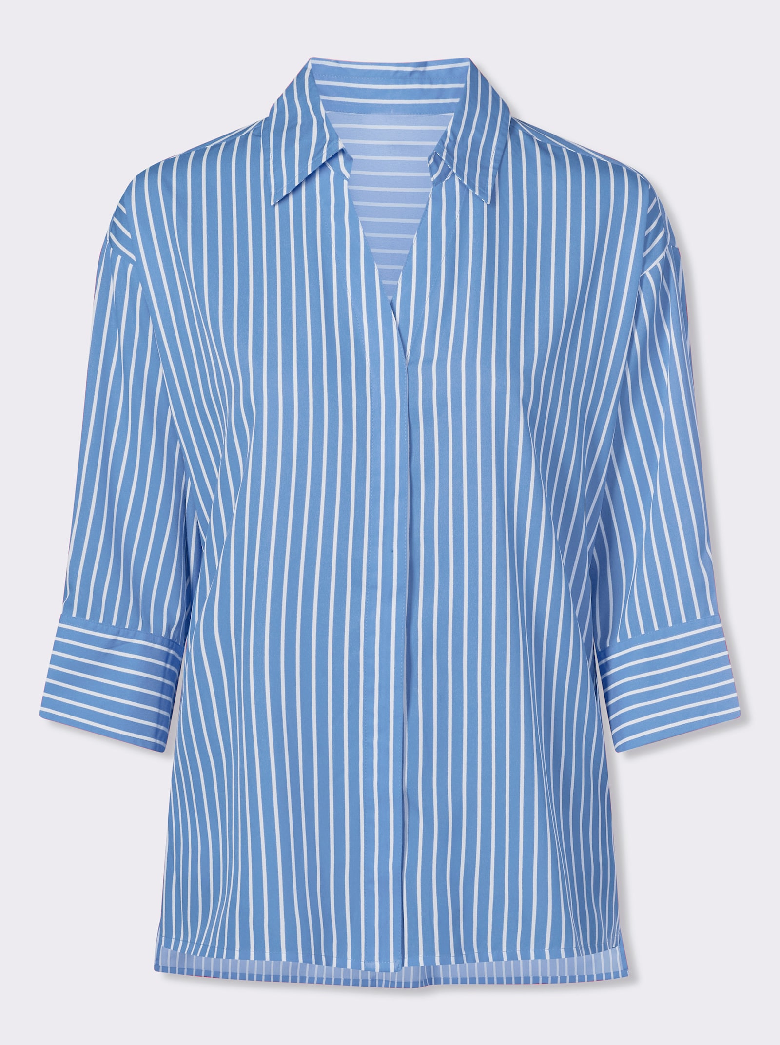 Longbluse mit Kellerfalte im Rückteil - weiß-himmelblau-gestreift