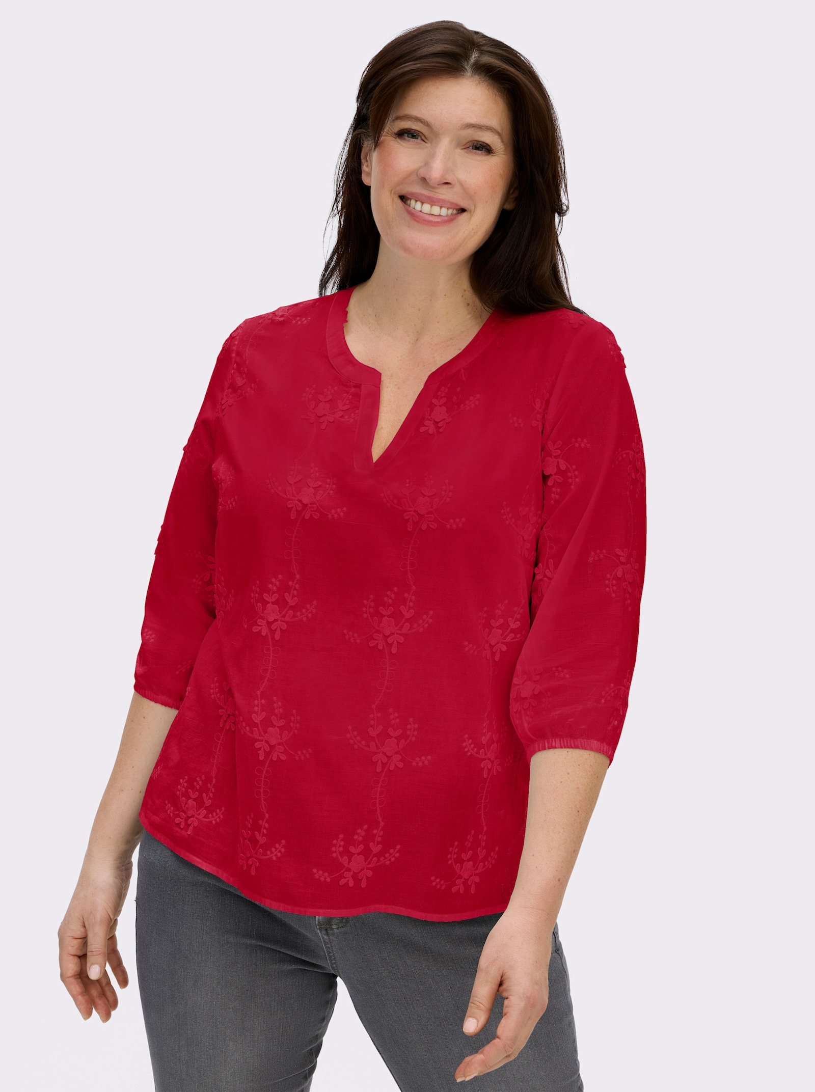 Baumwollbluse mit 3D-Blütenstickerei - erdbeere