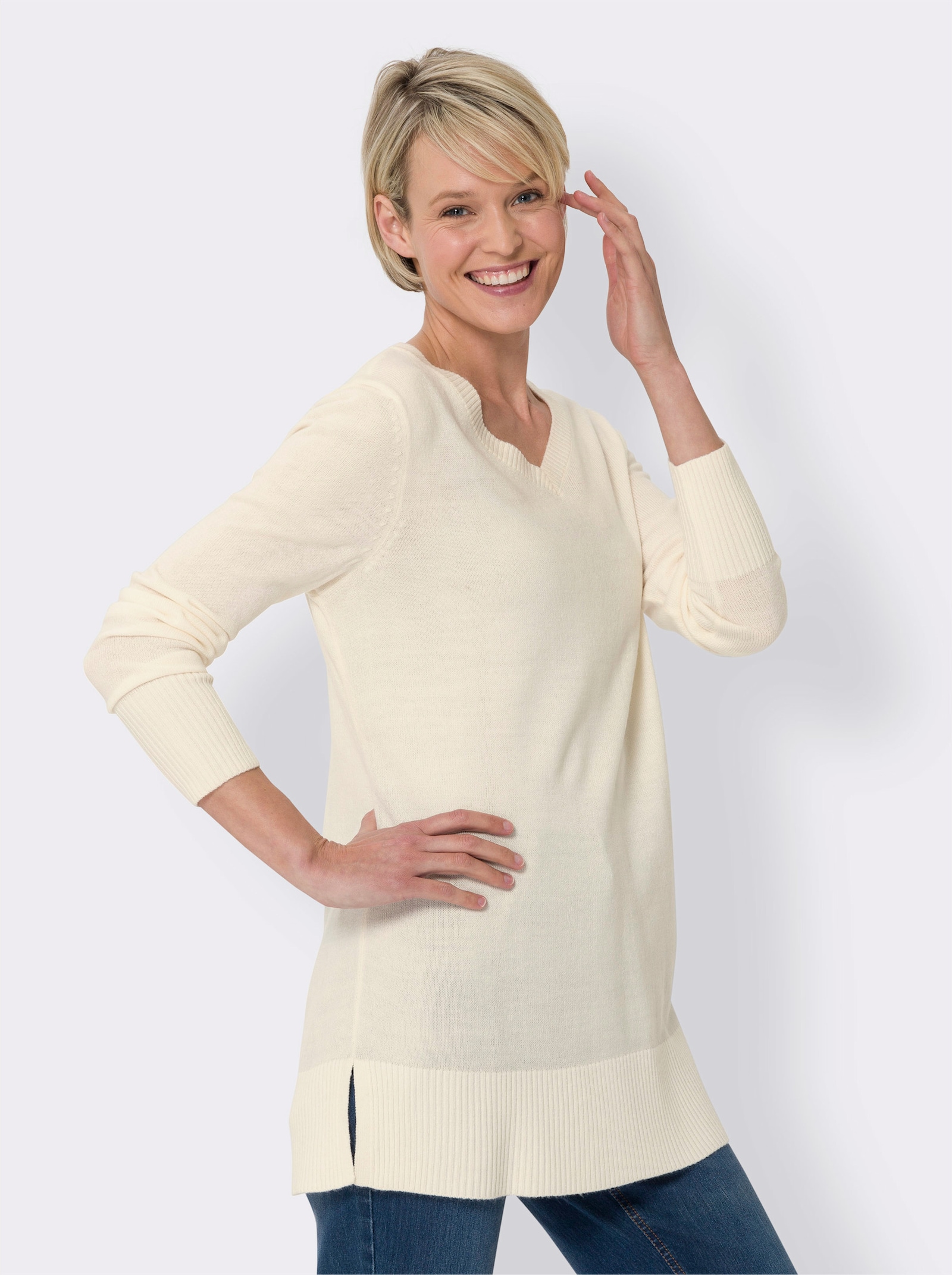 Lange pullover met lange zijsplitten - champagne