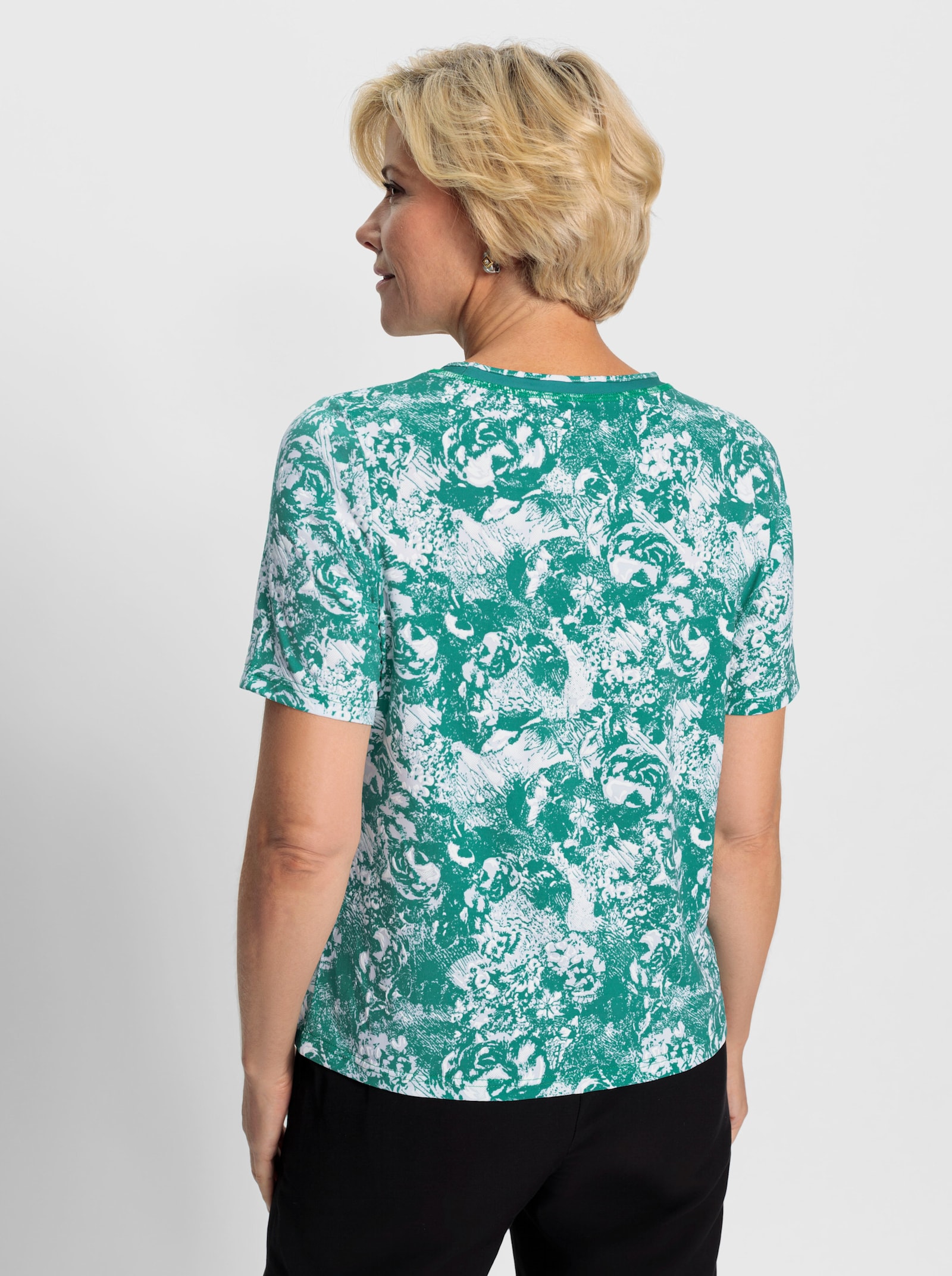 Shirt met ronde hals en smaragdkleurige glittersteentjes - smaragdgroen/wit bedrukt