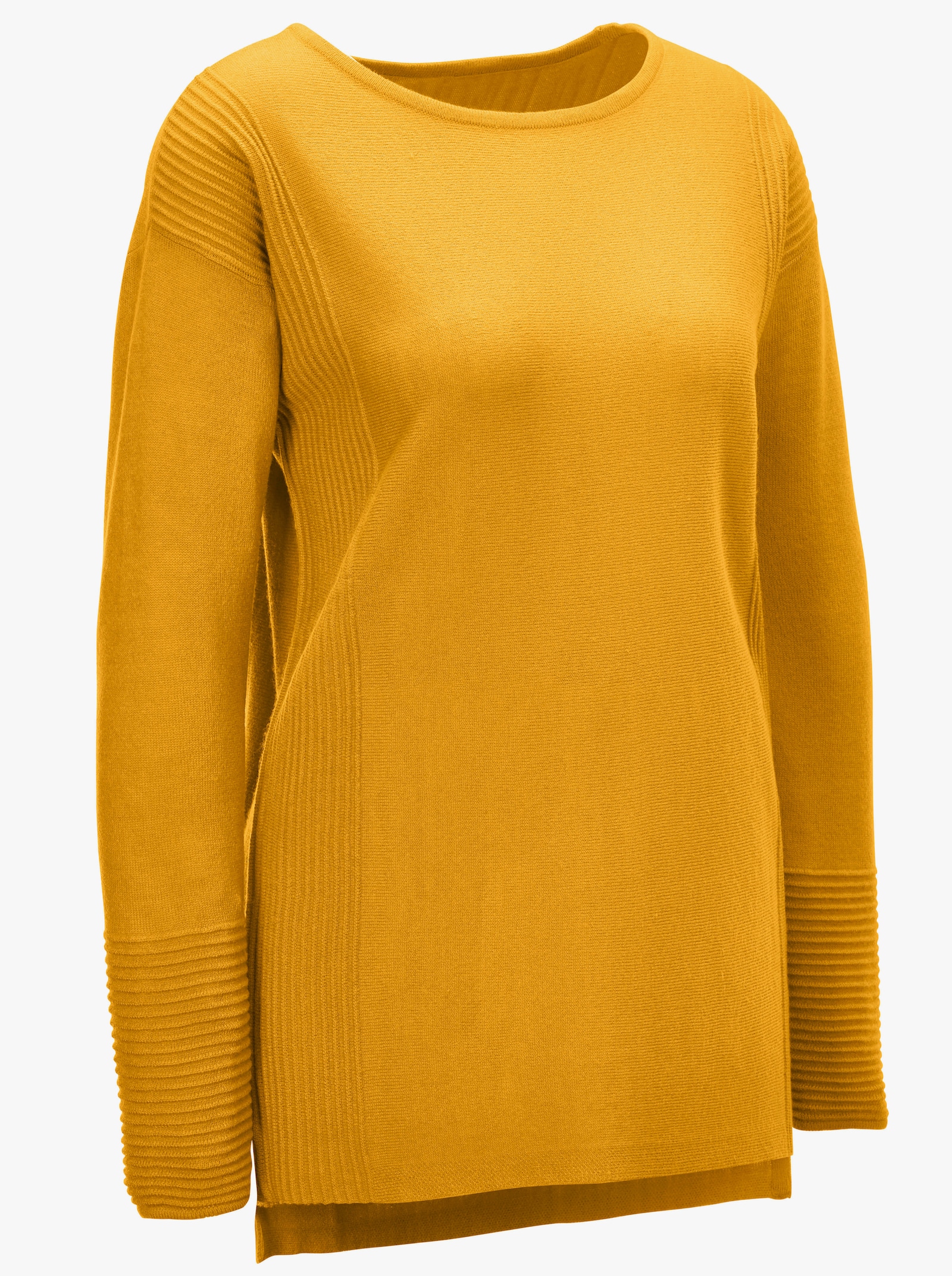 Rundhalspullover mit Ripp-Details - curry