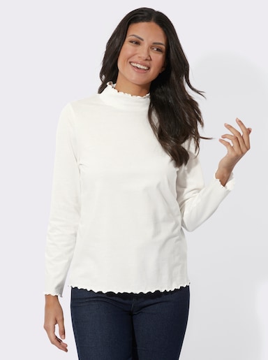 Stehkragenshirt mit gewellten Abschlüssen - ecru