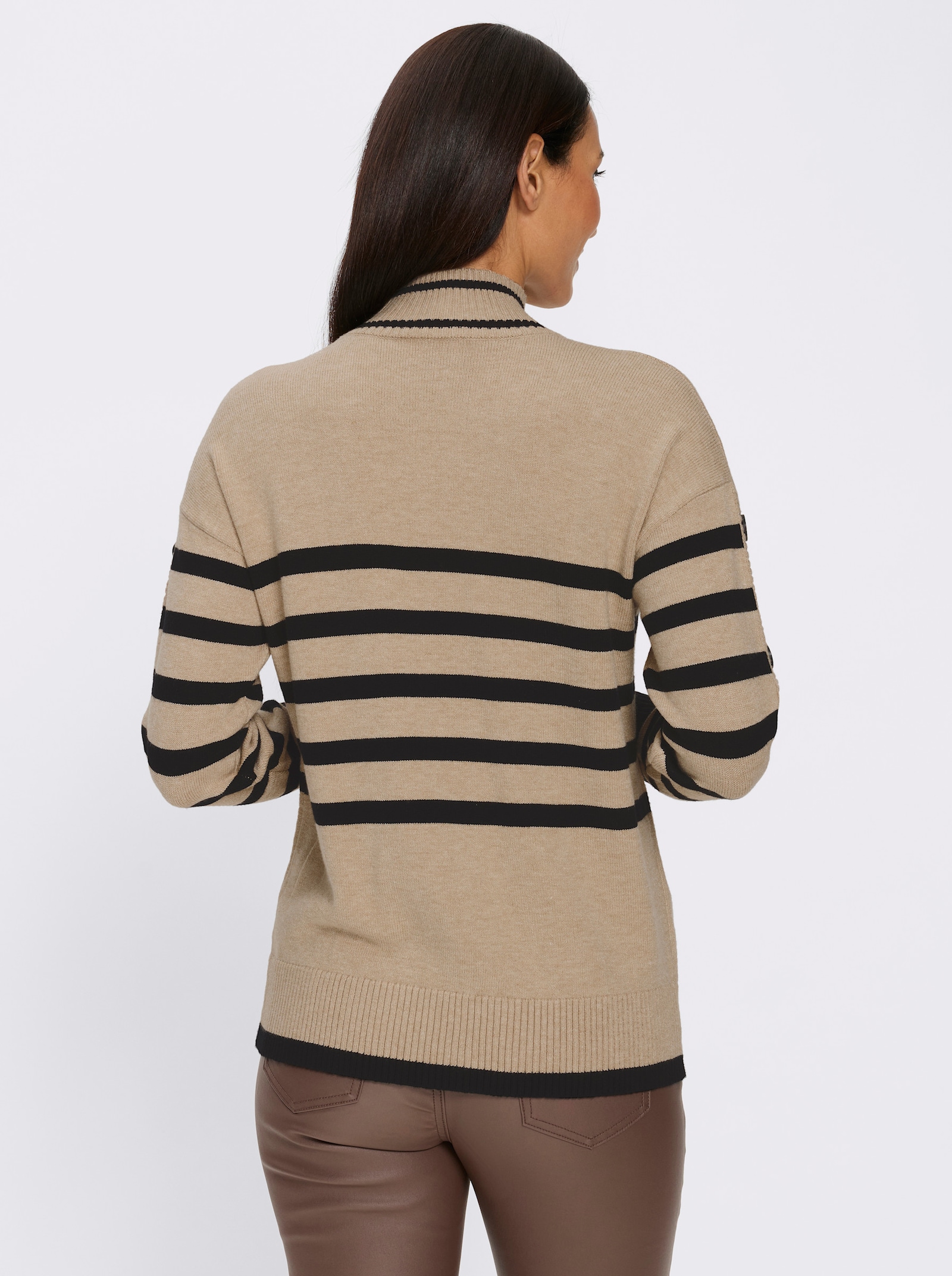 heine Stehkragenpullover mit Zierknöpfen - beige-schwarz-gestreift