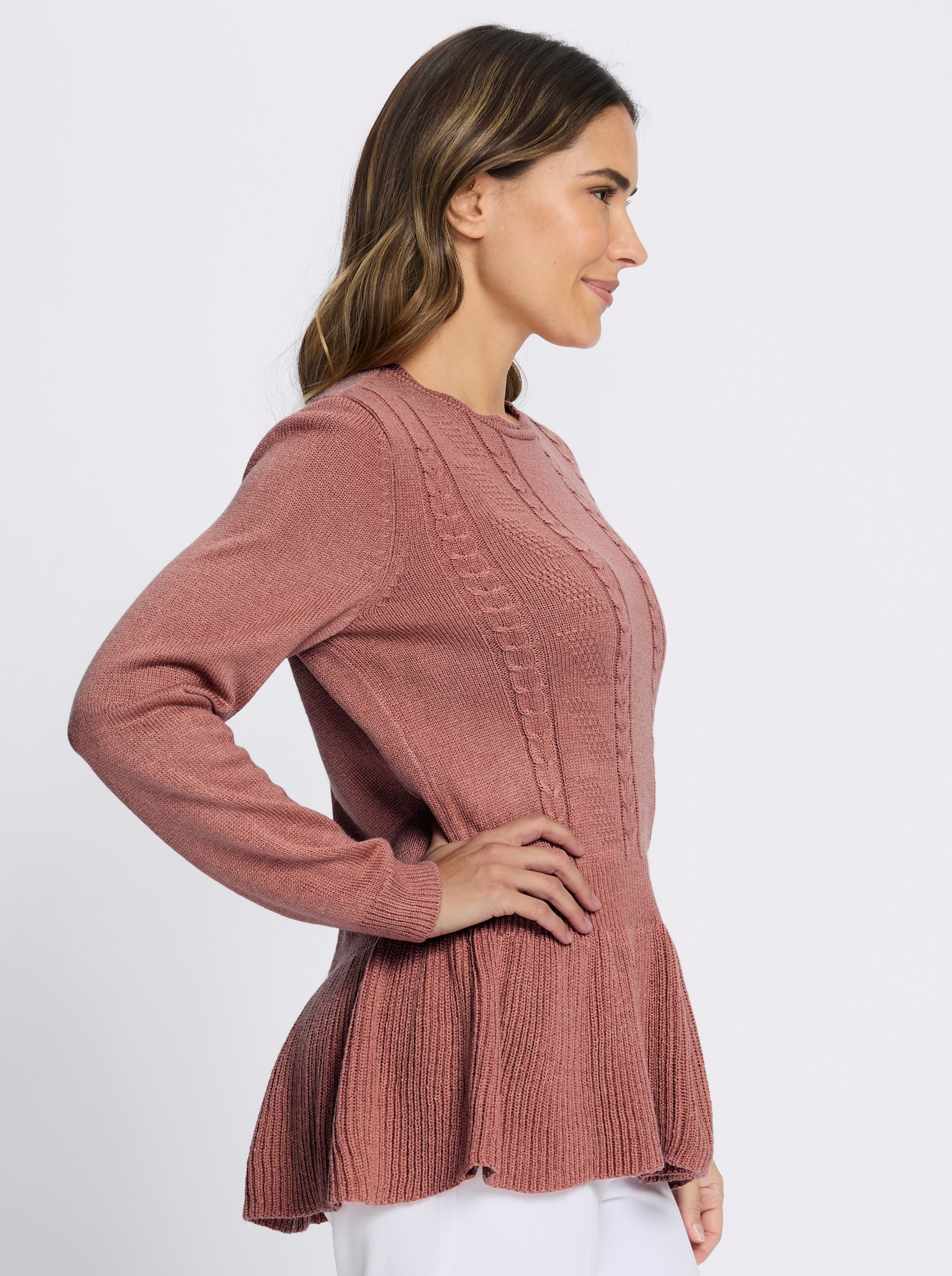 Langarm-Pullover mit Ripp-Abschlüssen - rosenholz