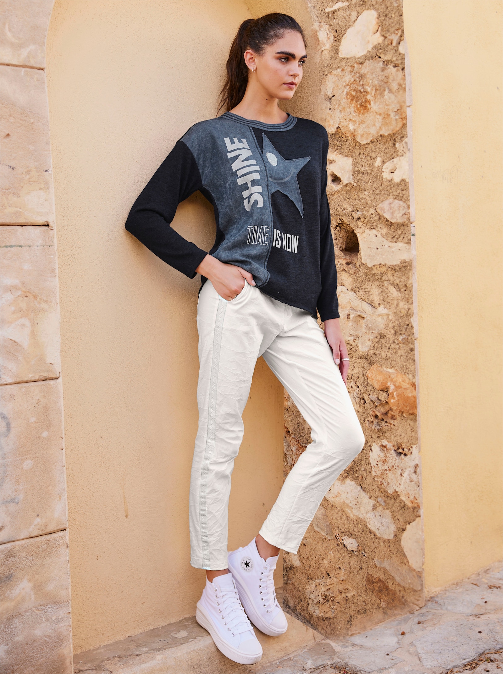 heine Langarmshirt mit Glitzer-Elementen - marine-jeansblau-gemustert