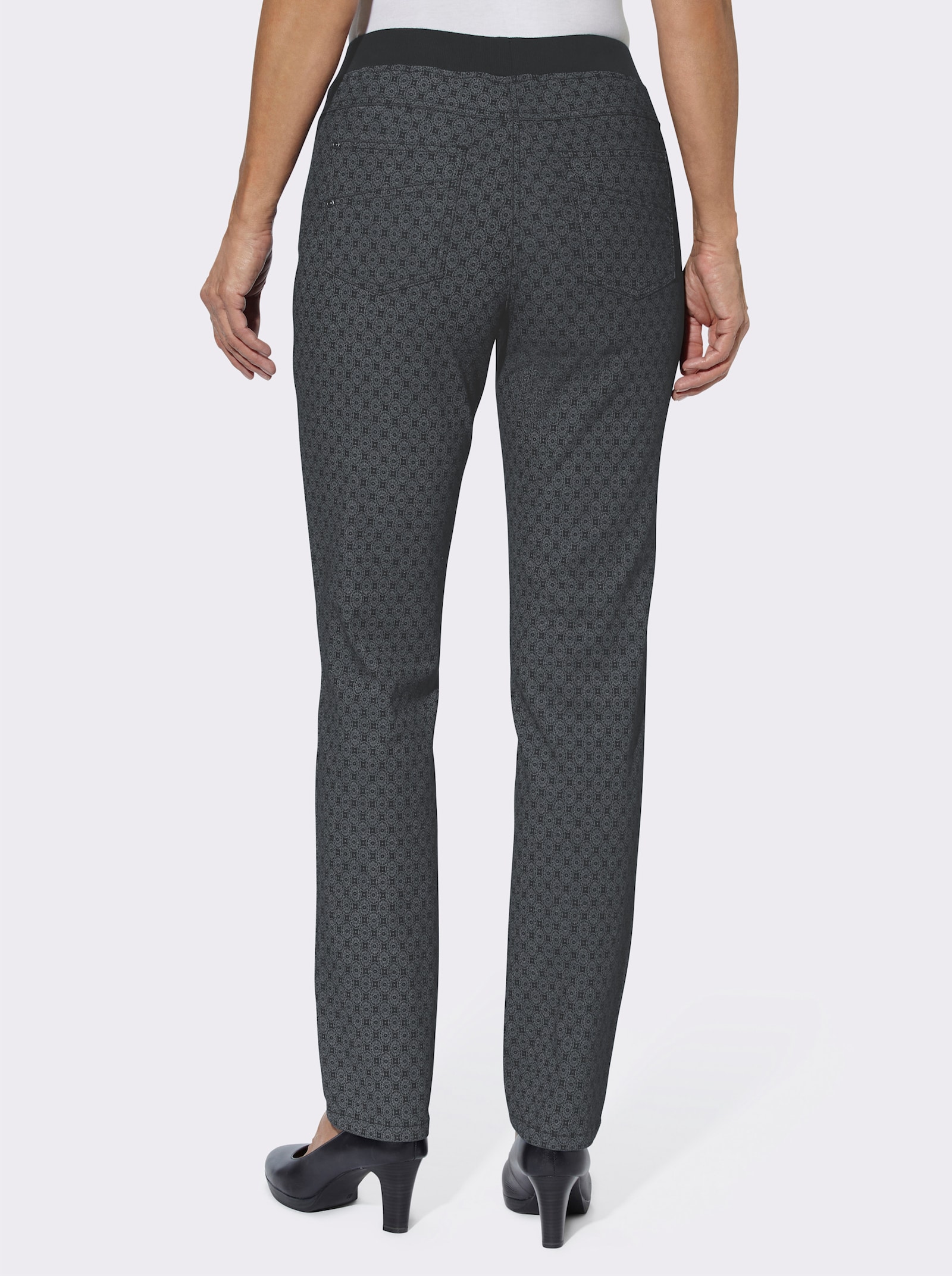 Comfortjeans met geribde comfortband van tricot - grey/denim bedrukt
