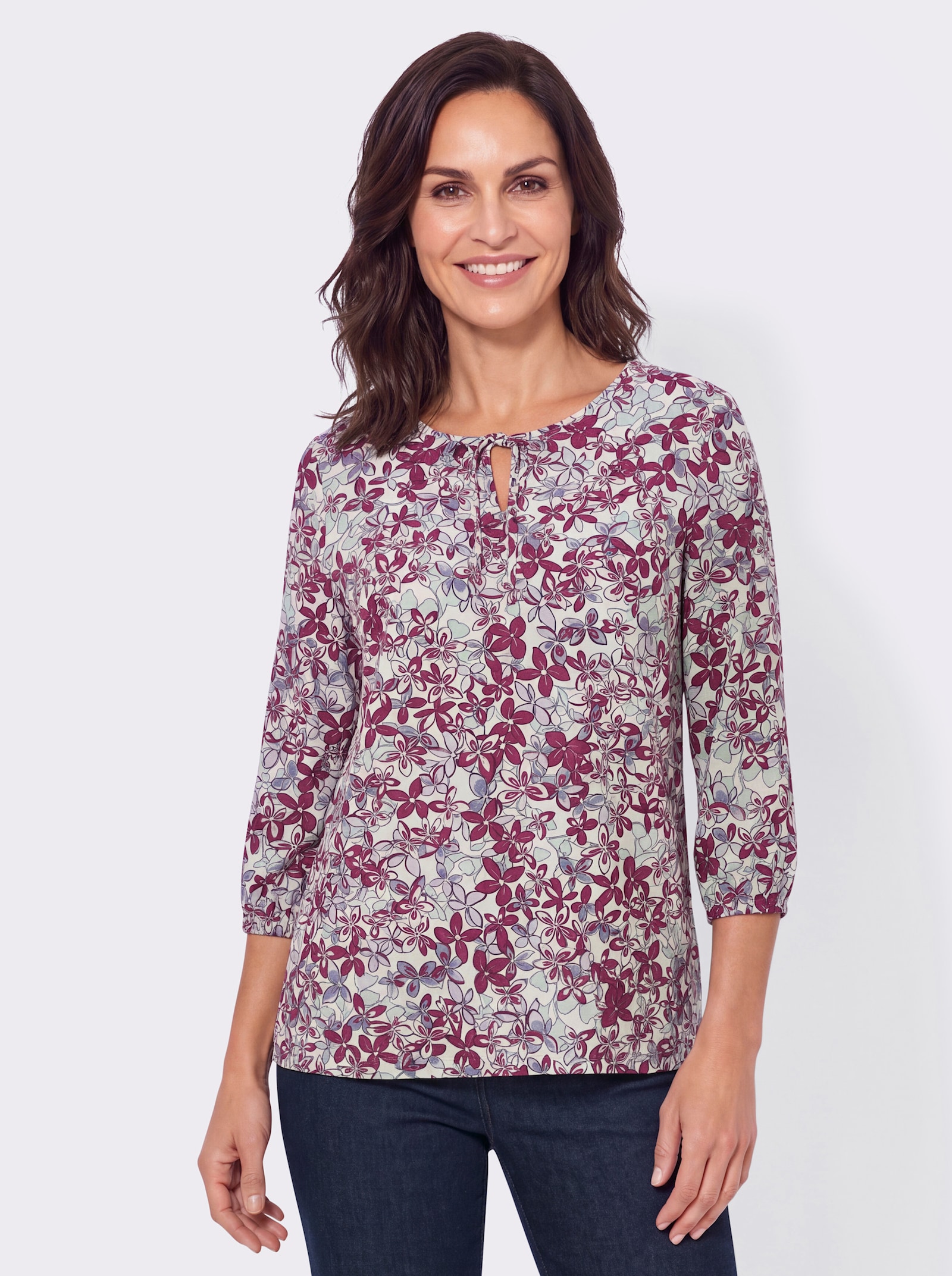 Schlupf-Bluse mit Gummizug an den Ärmeln - rosé-taubenblau-bedruckt