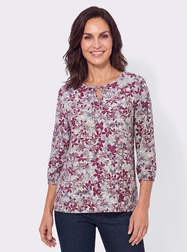 Schlupf-Bluse mit Gummizug an den Ärmeln - rosé-taubenblau-bedruckt