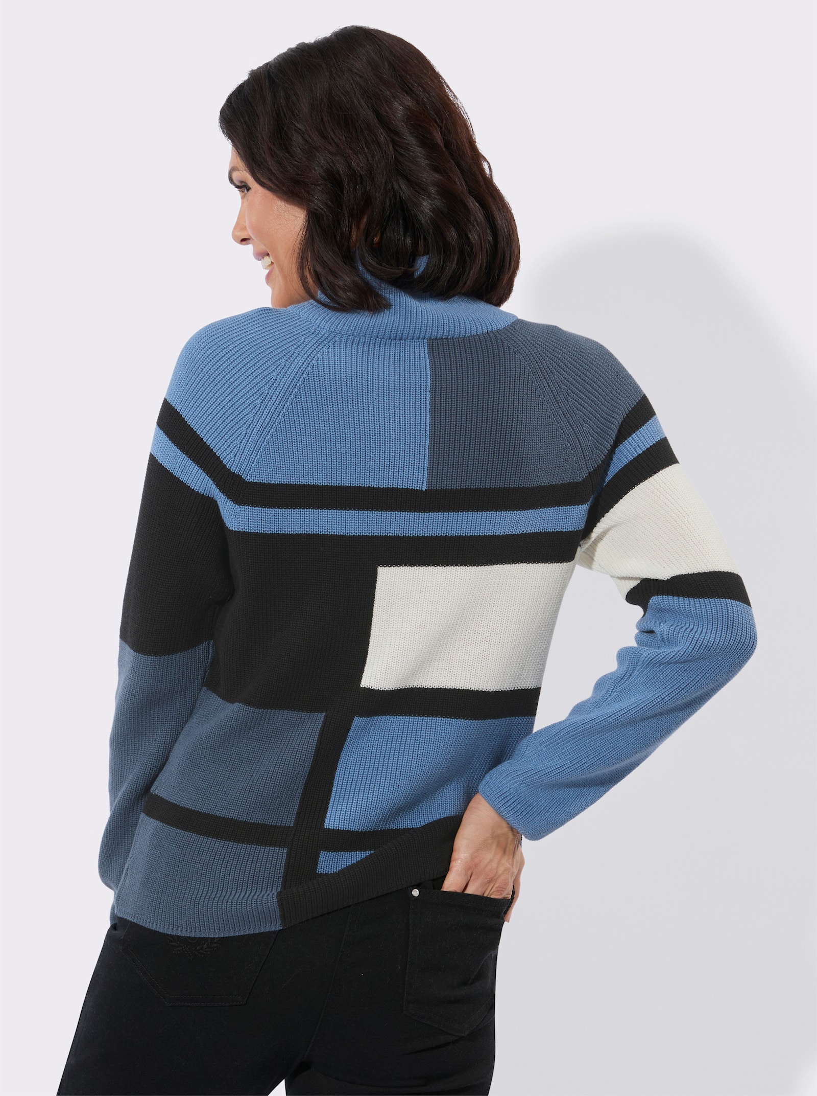Stehkragenpullover mit Intarsien-Muster - rauchblau-ecru-gemustert