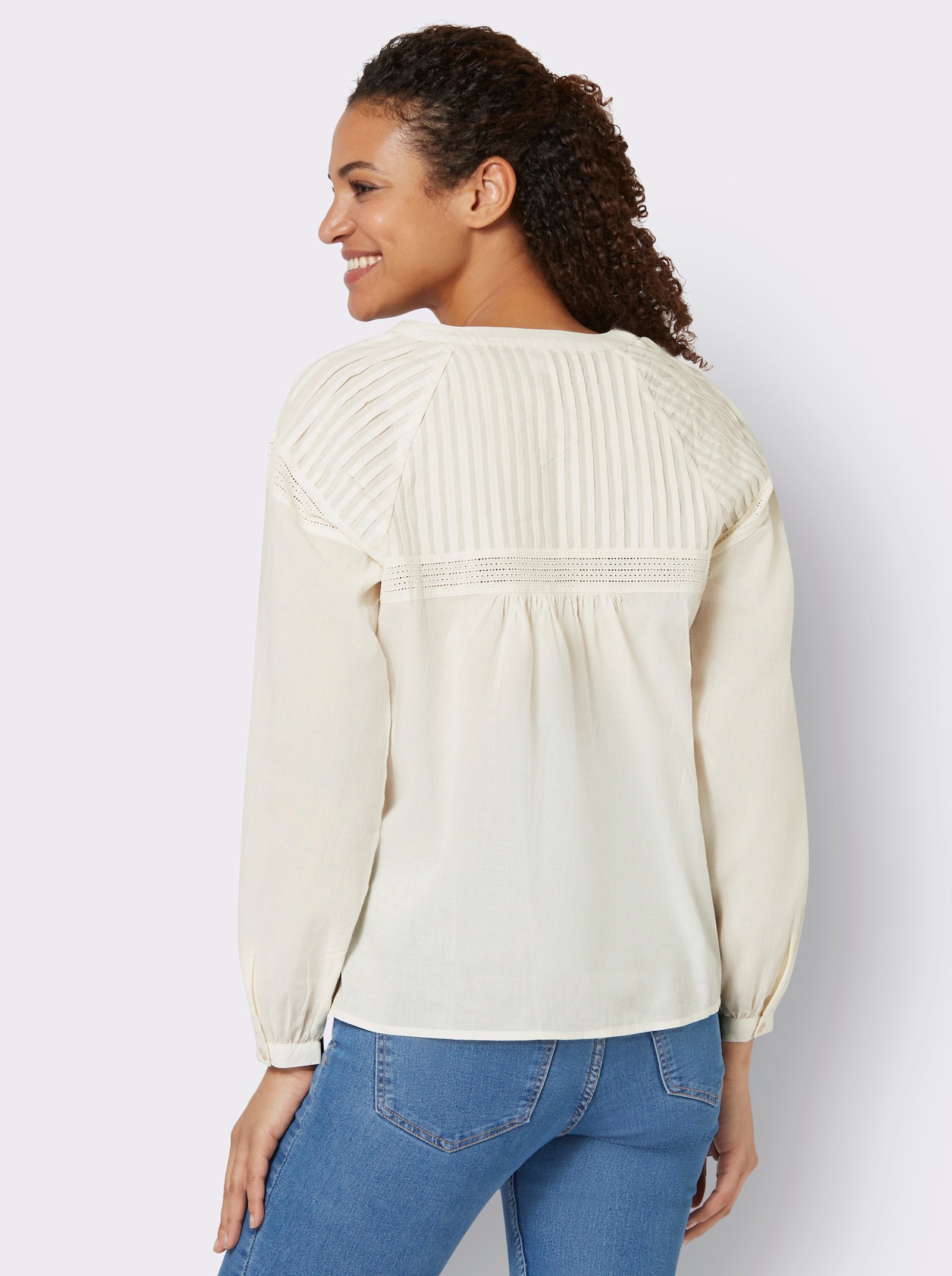 Langarmbluse mit aufgesetzter Lochspitze - champagner