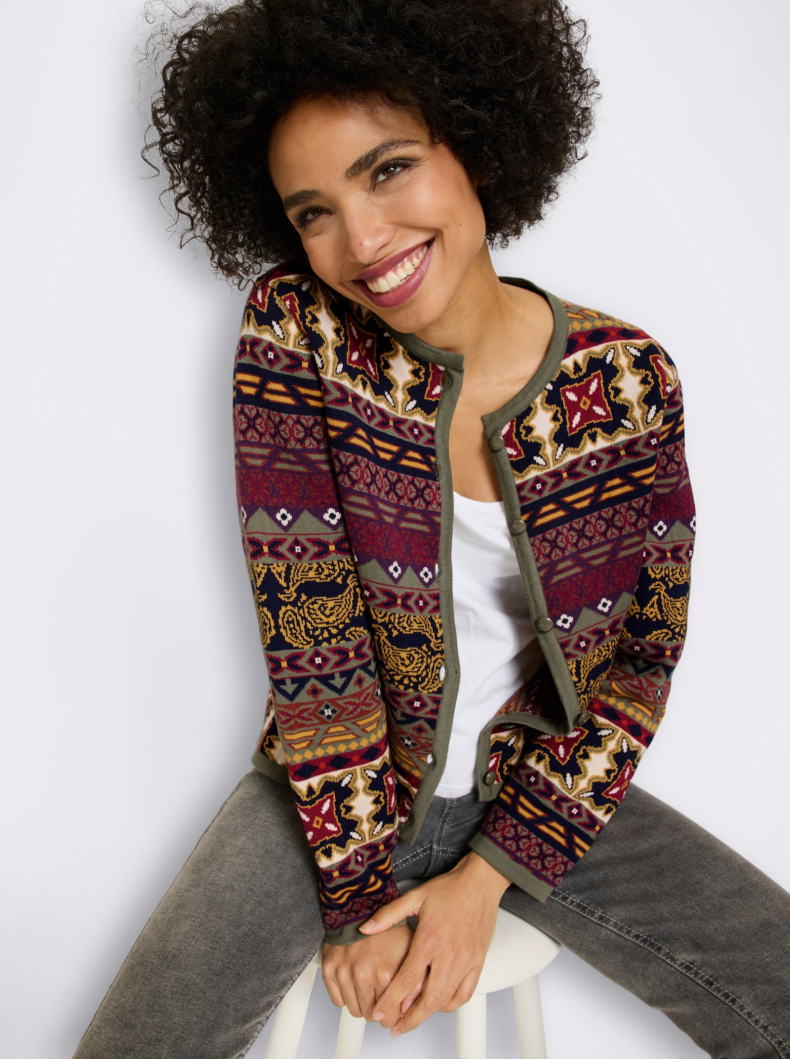 heine Jacquardvest in bonte kleurenmix - marine/oker gedessineerd