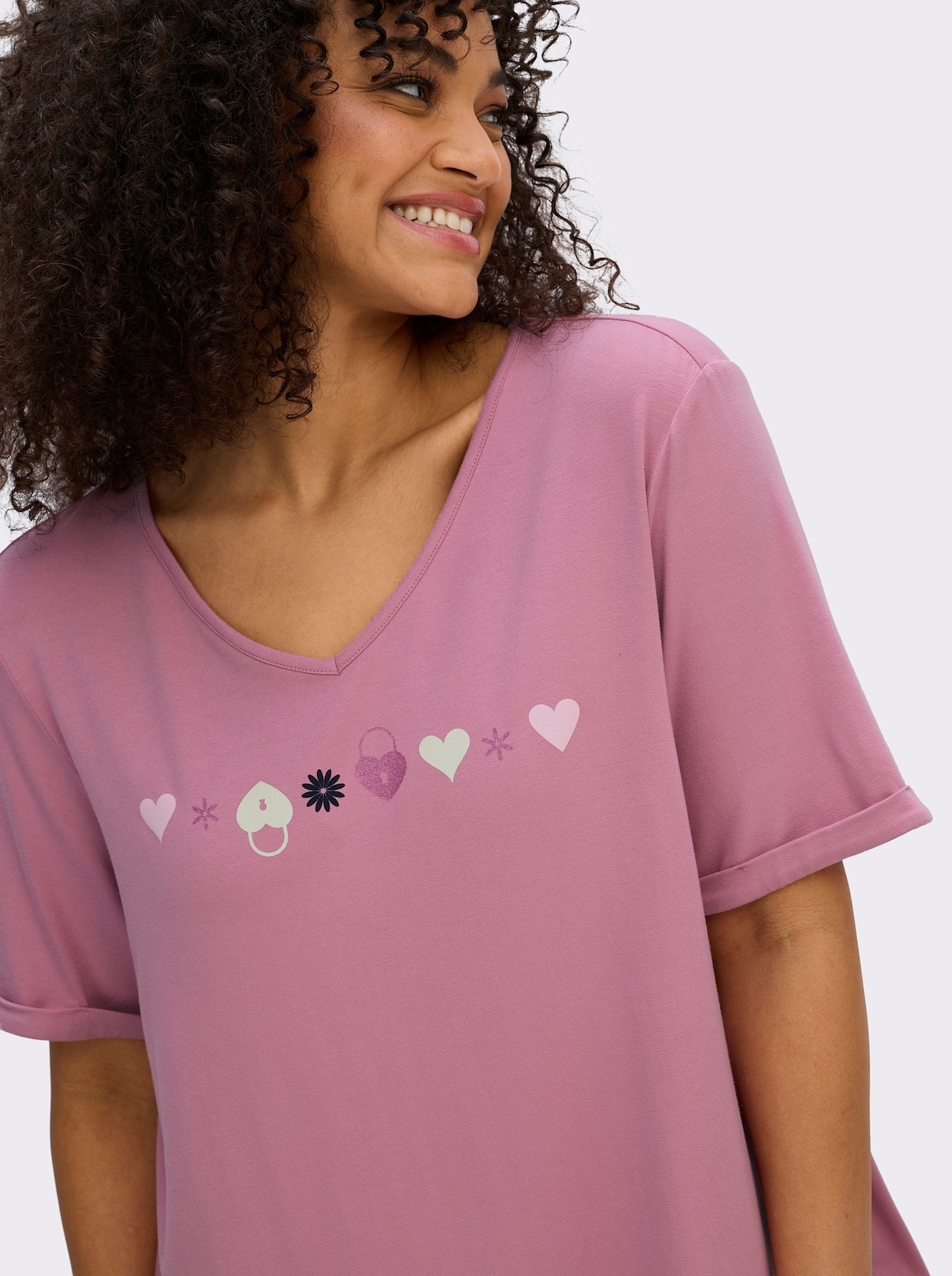 sheego V-Shirt in A-Linie, mit Glitzerdruck - altrosa-bedruckt