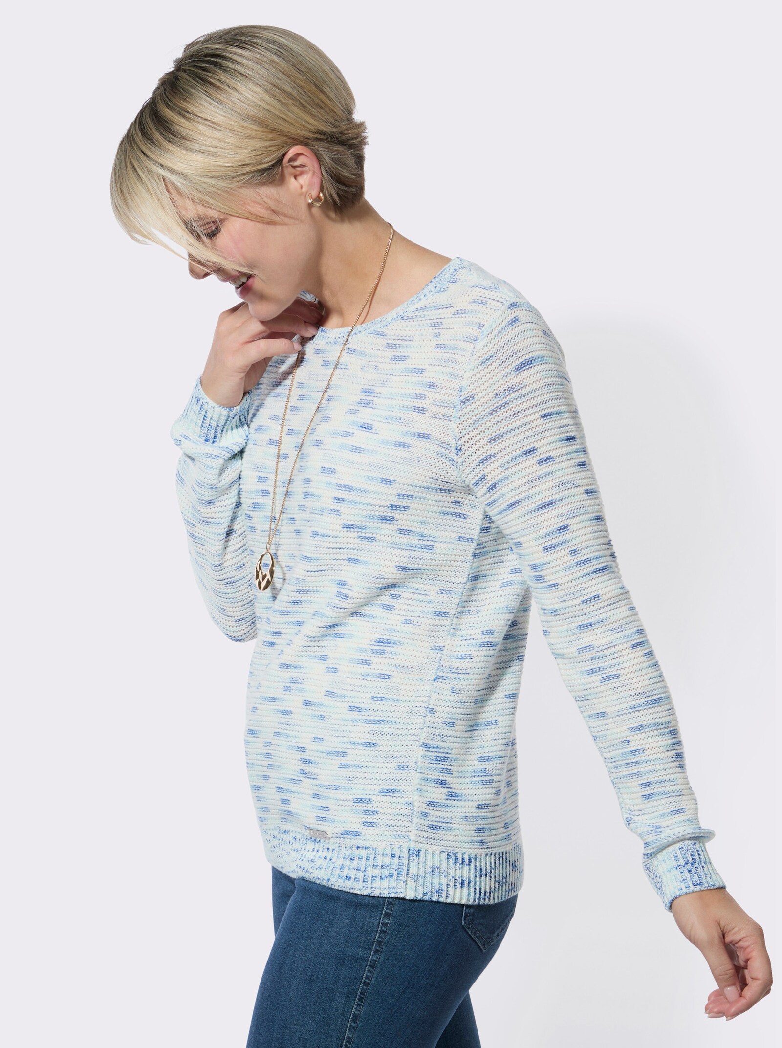 Rundhalspullover in Melange-Optik - royalblau-aquamarin-gemustert