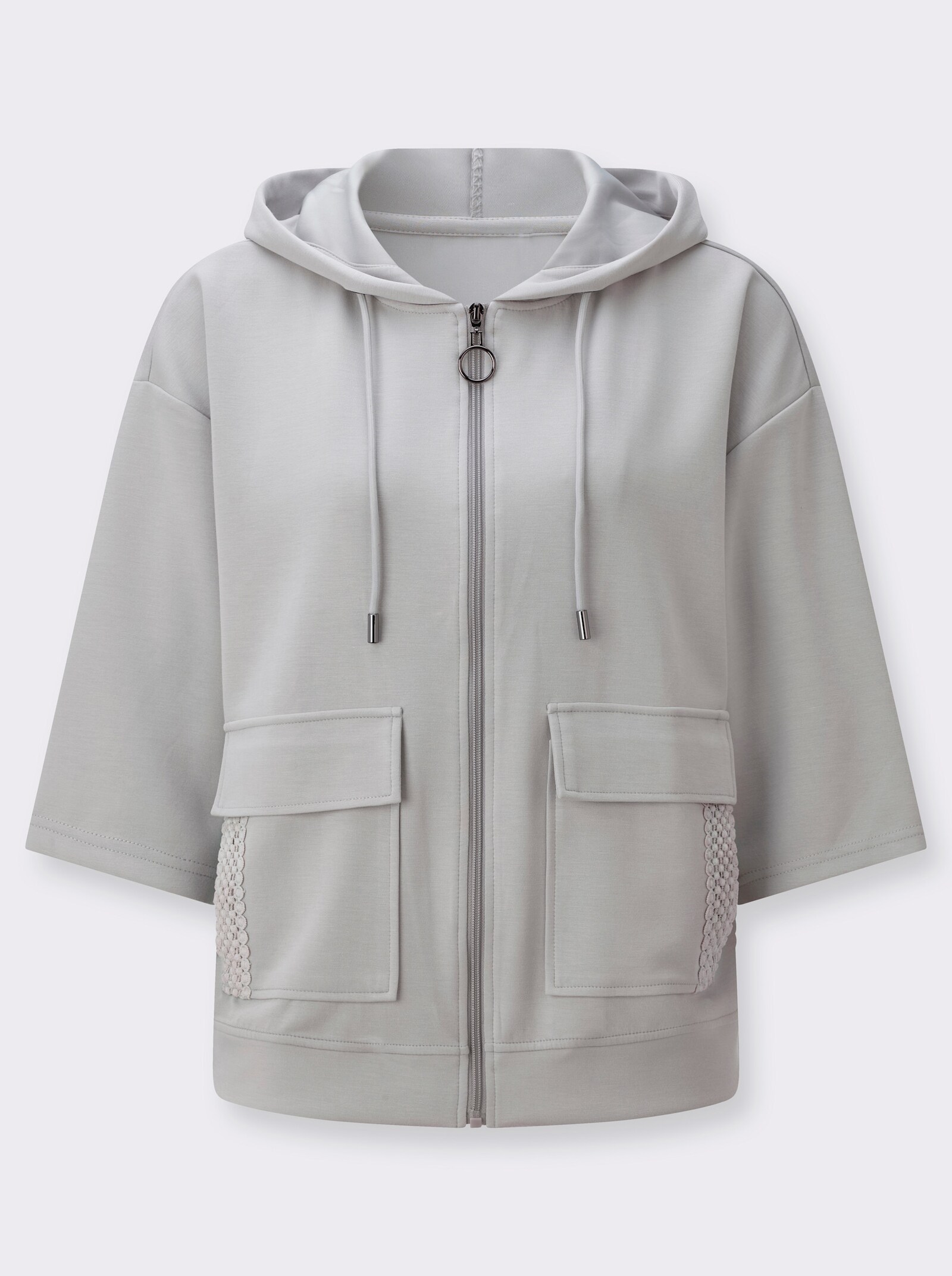 Sweatjacke mit Spitzen-Verzierung - hellgrau
