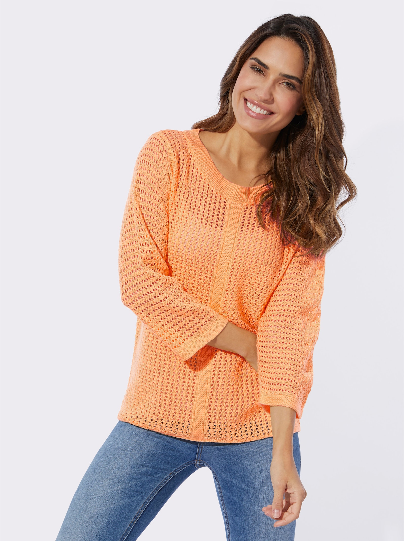 Ajourpullover mit weitem Rundhals-Ausschnitt - apricot