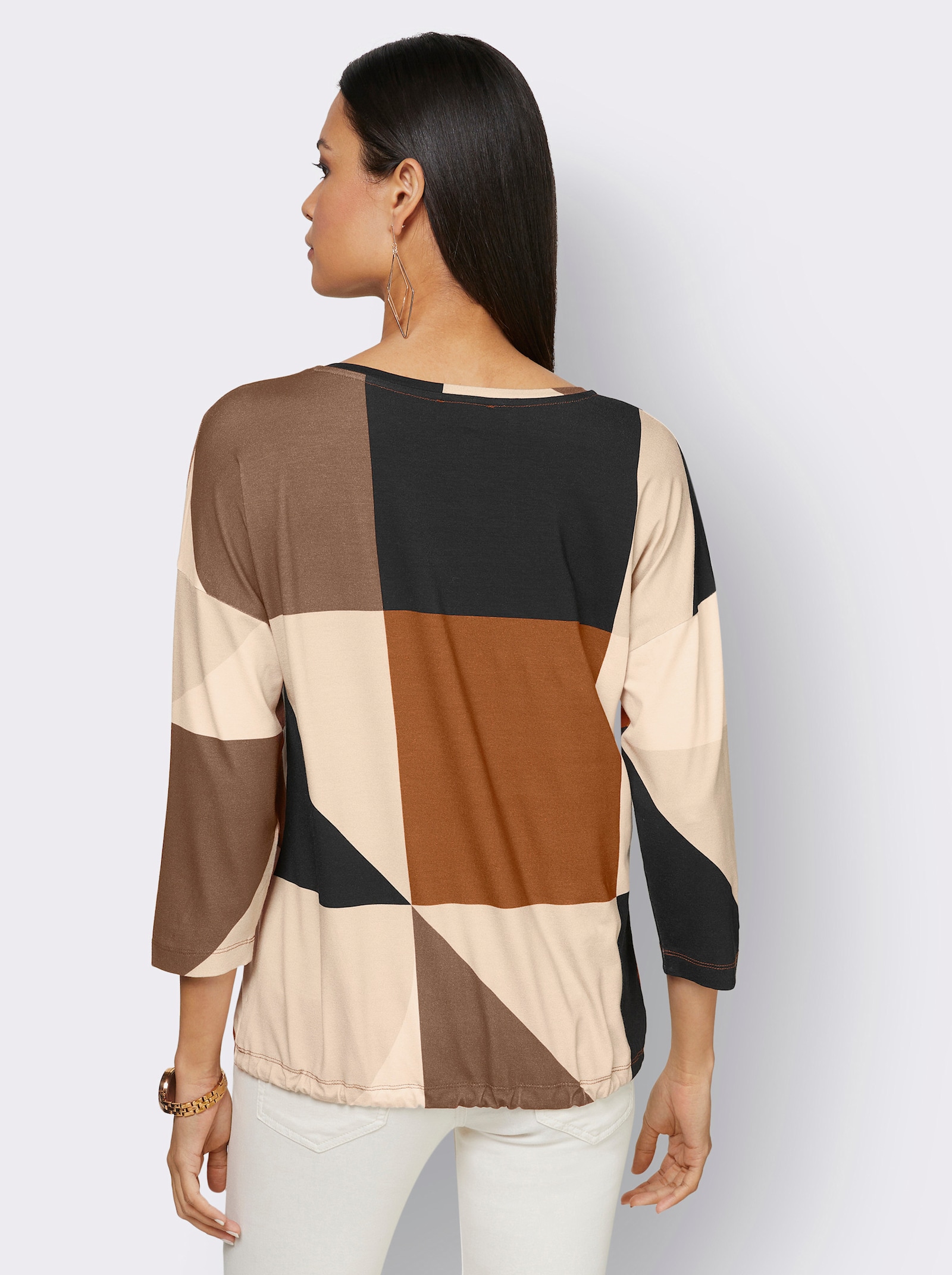 3/4-Arm-Shirt mit Tunnelzug am Saum - champagner-cognac-bedruckt