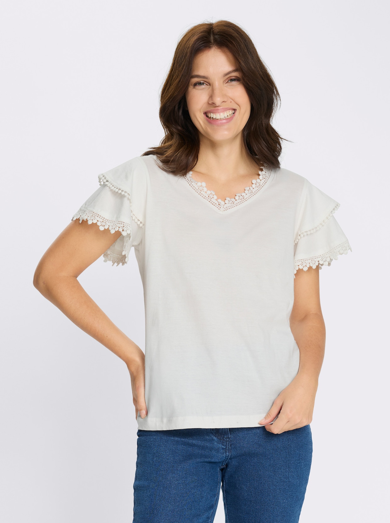V-Shirt mit Spitzen-Details - ecru