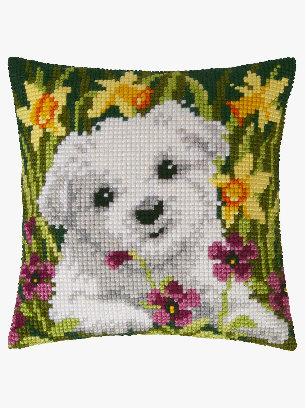 Borduurkussen - Hond met bloemen