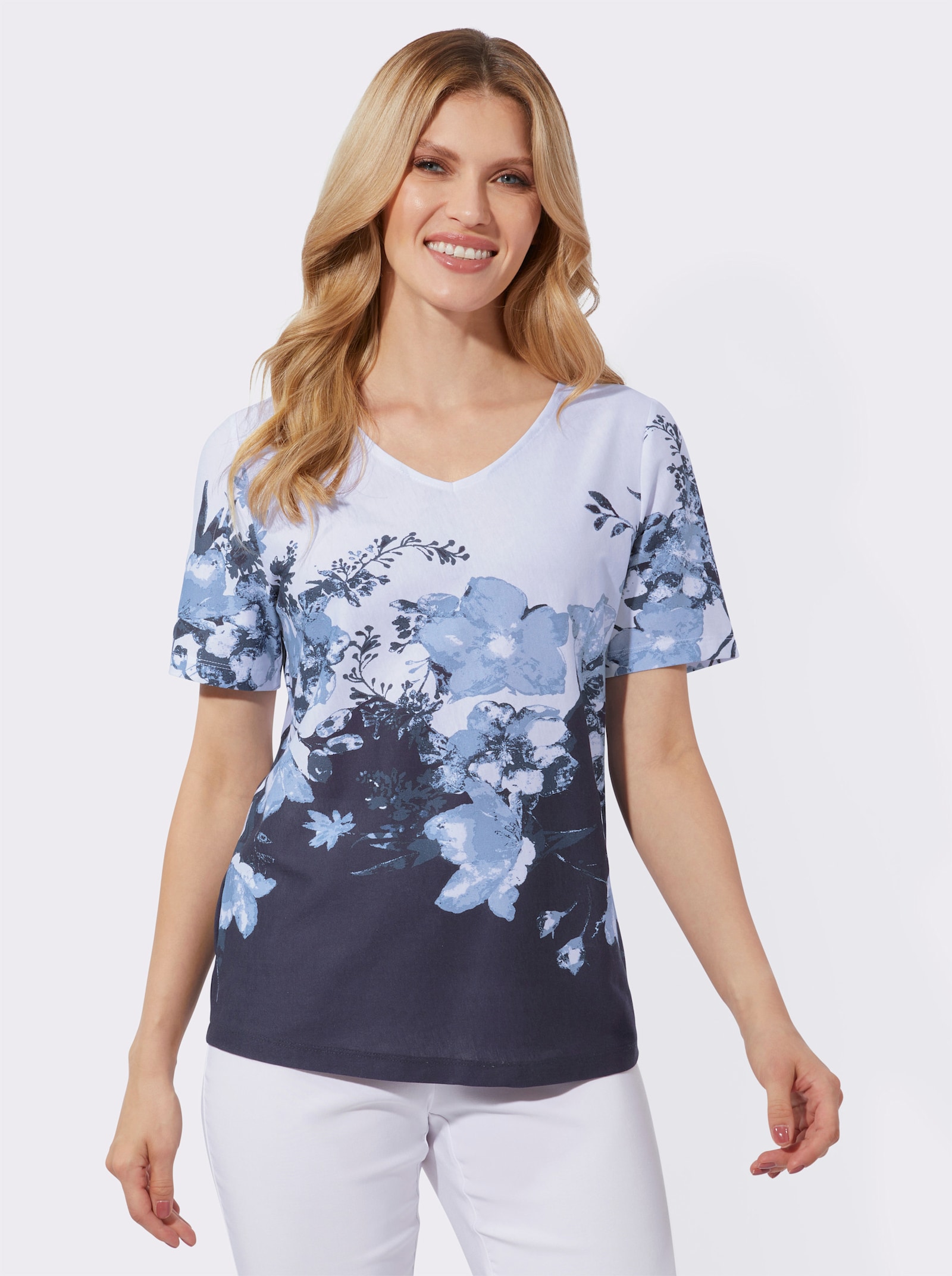 Shirt met V-hals en bloemenprint - marine/wit geprint