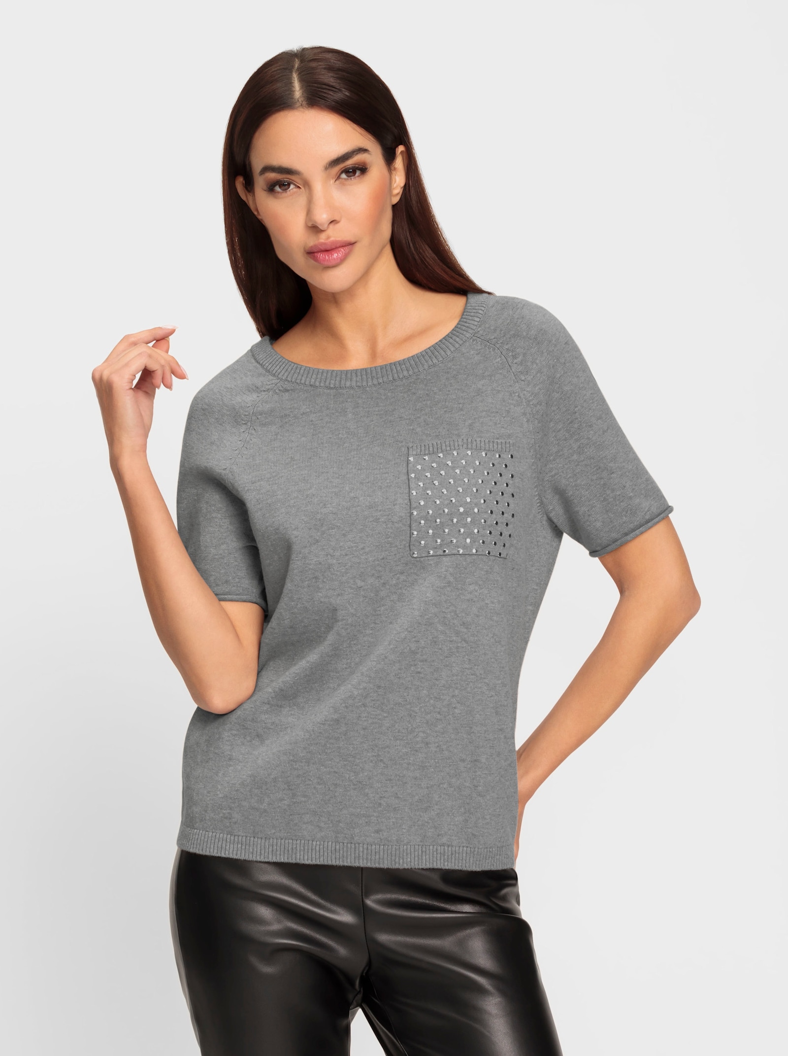 heine Rundhalspullover mit aufgesetzter Brusttasche - steingrau-meliert