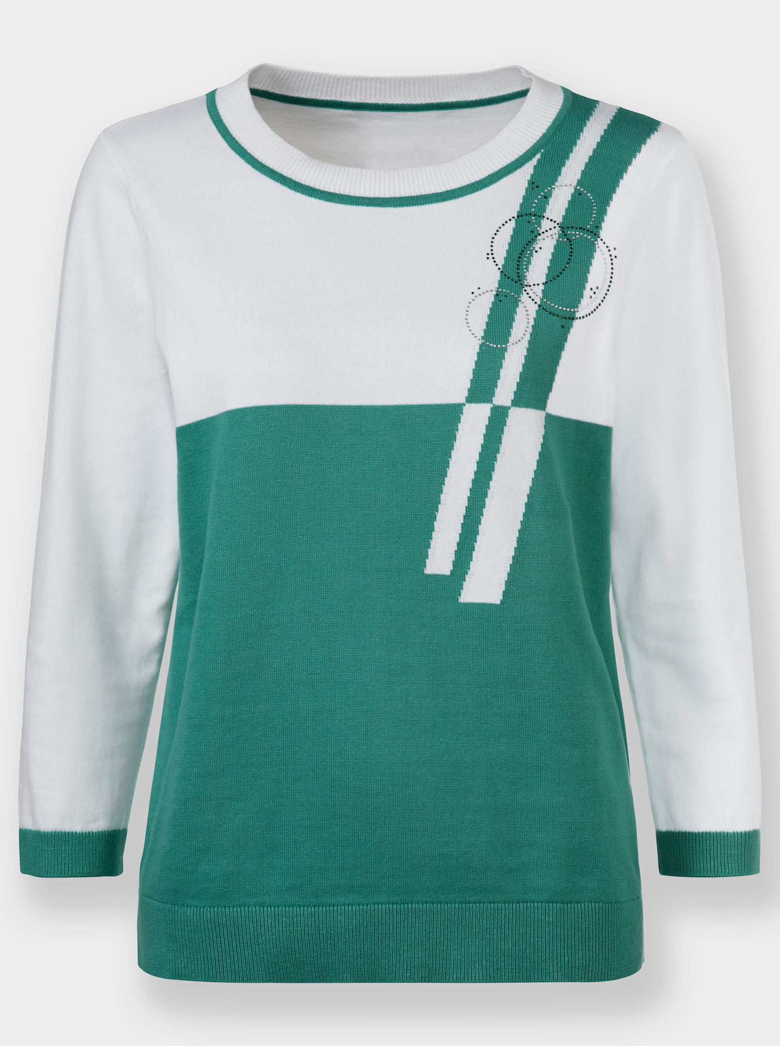 Rundhalspullover mit Dekosteinchen - smaragd-weiss