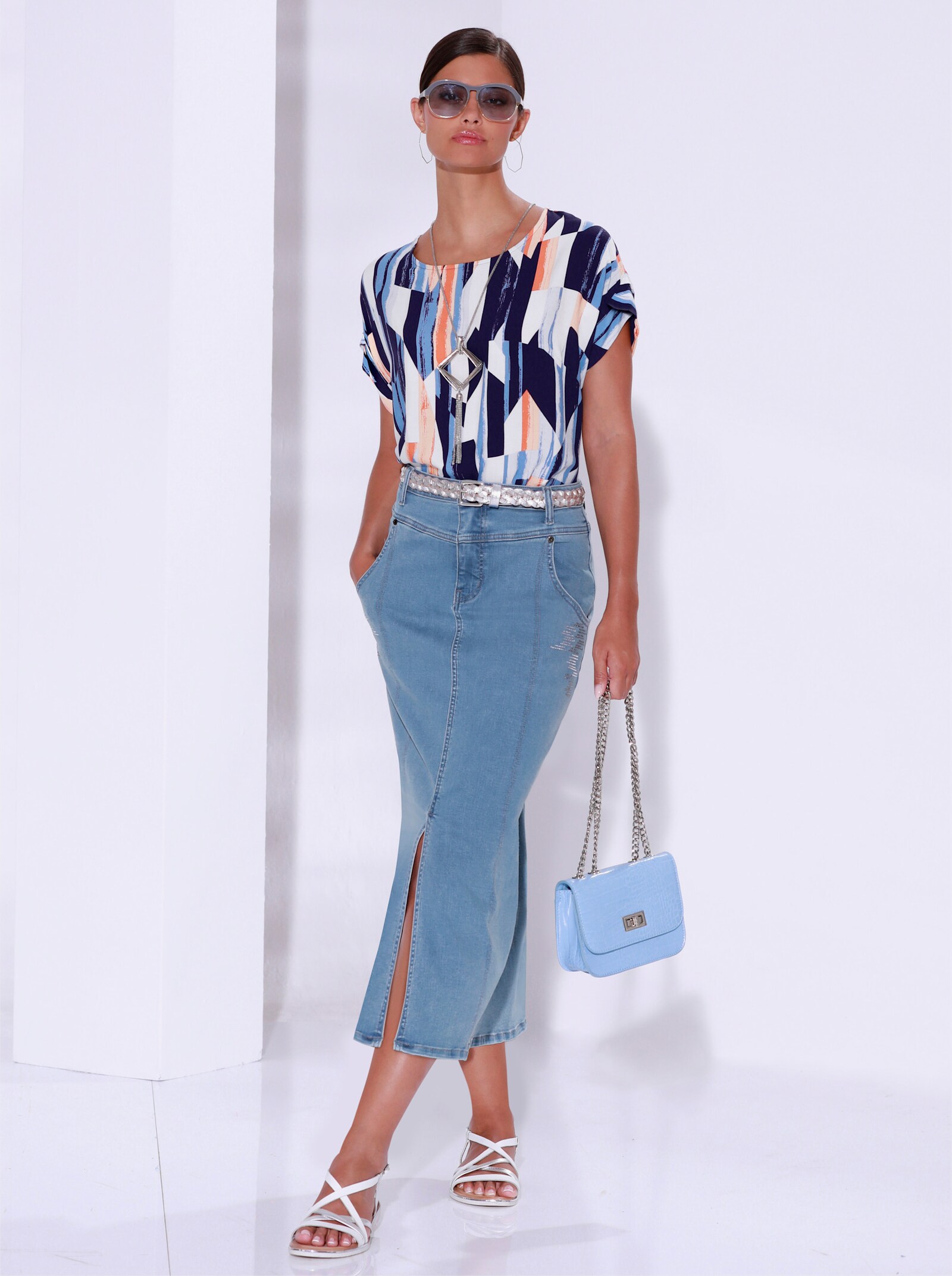 Blouse met print van pure viscose - middenblauw/papaja bedrukt