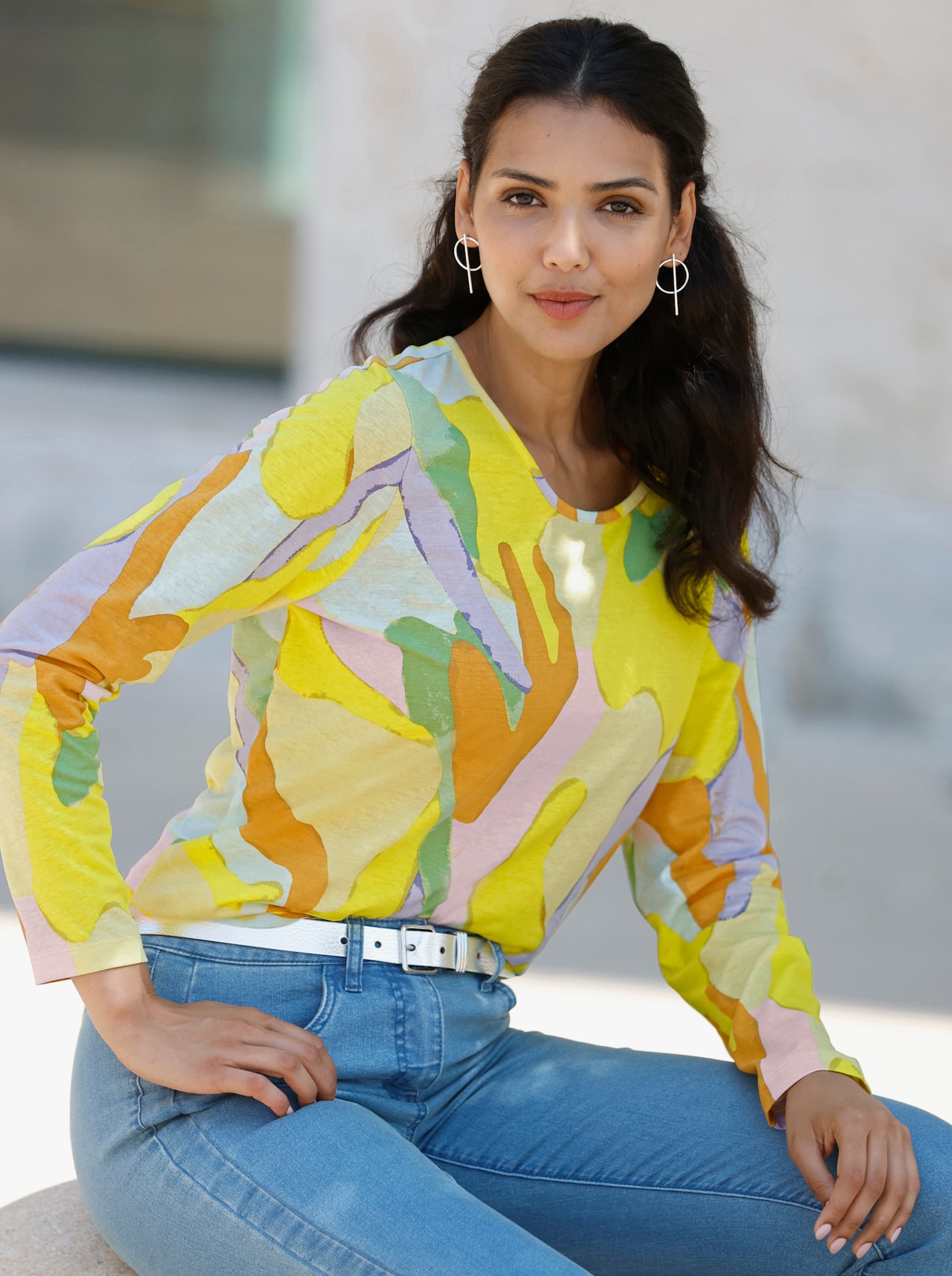 Shirt met lange mouwen in kleurrijk dessin - limoen/lila bedrukt