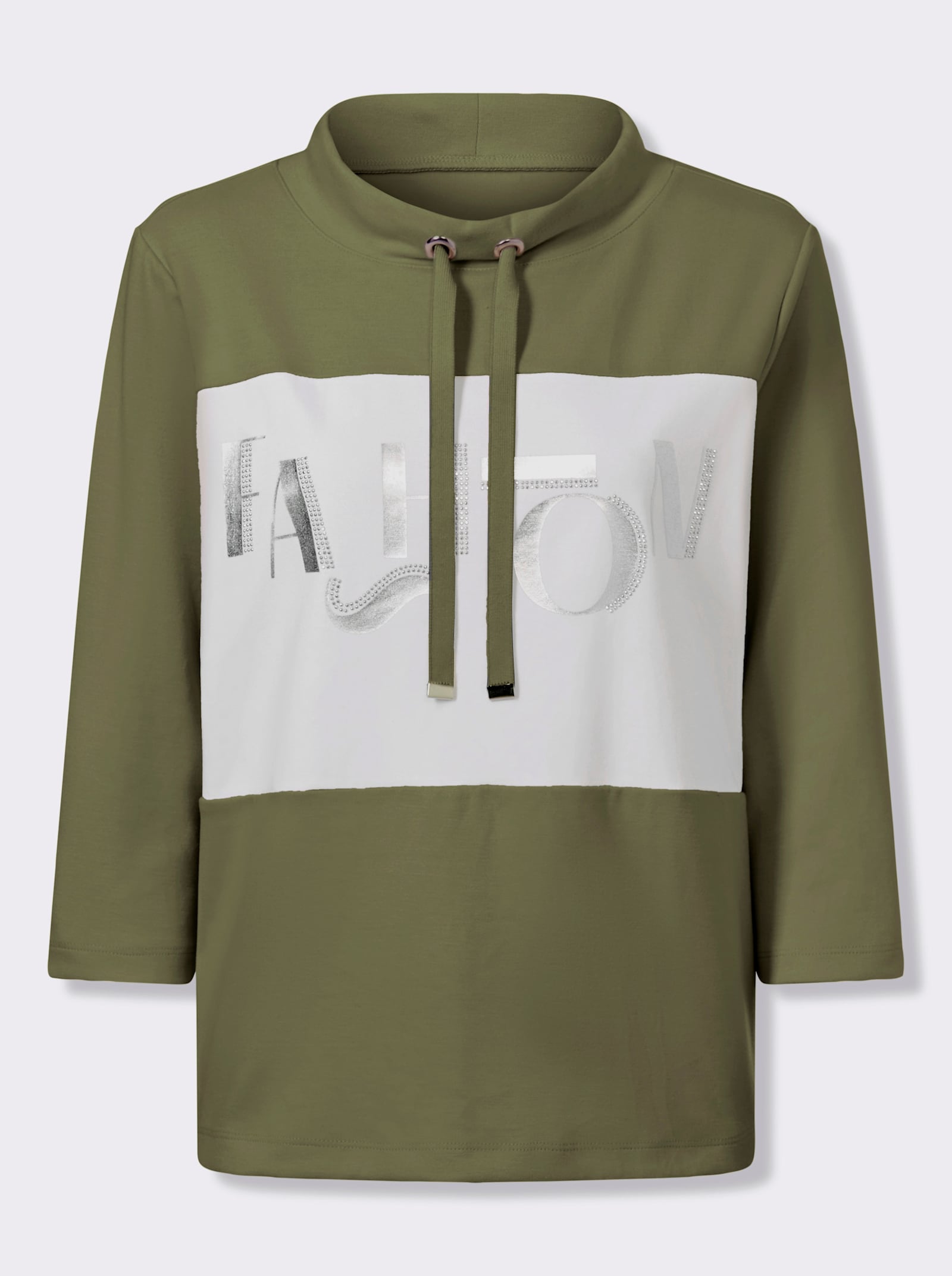 Sweatshirt mit Folienprint-Schriftzug - oliv-weiß-geringelt
