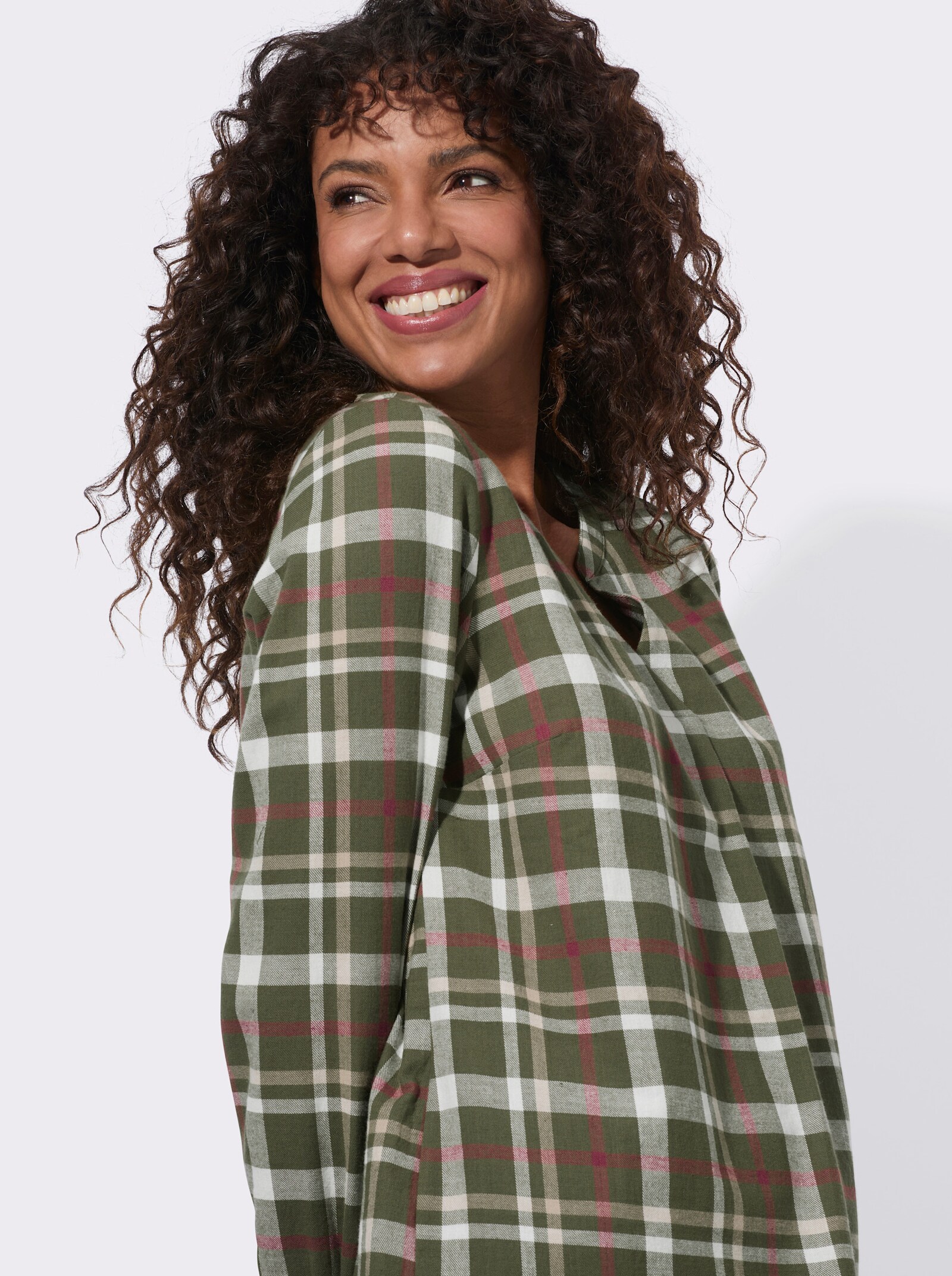 Flanellbluse aus reiner Baumwolle - oliv-rotbraun-kariert