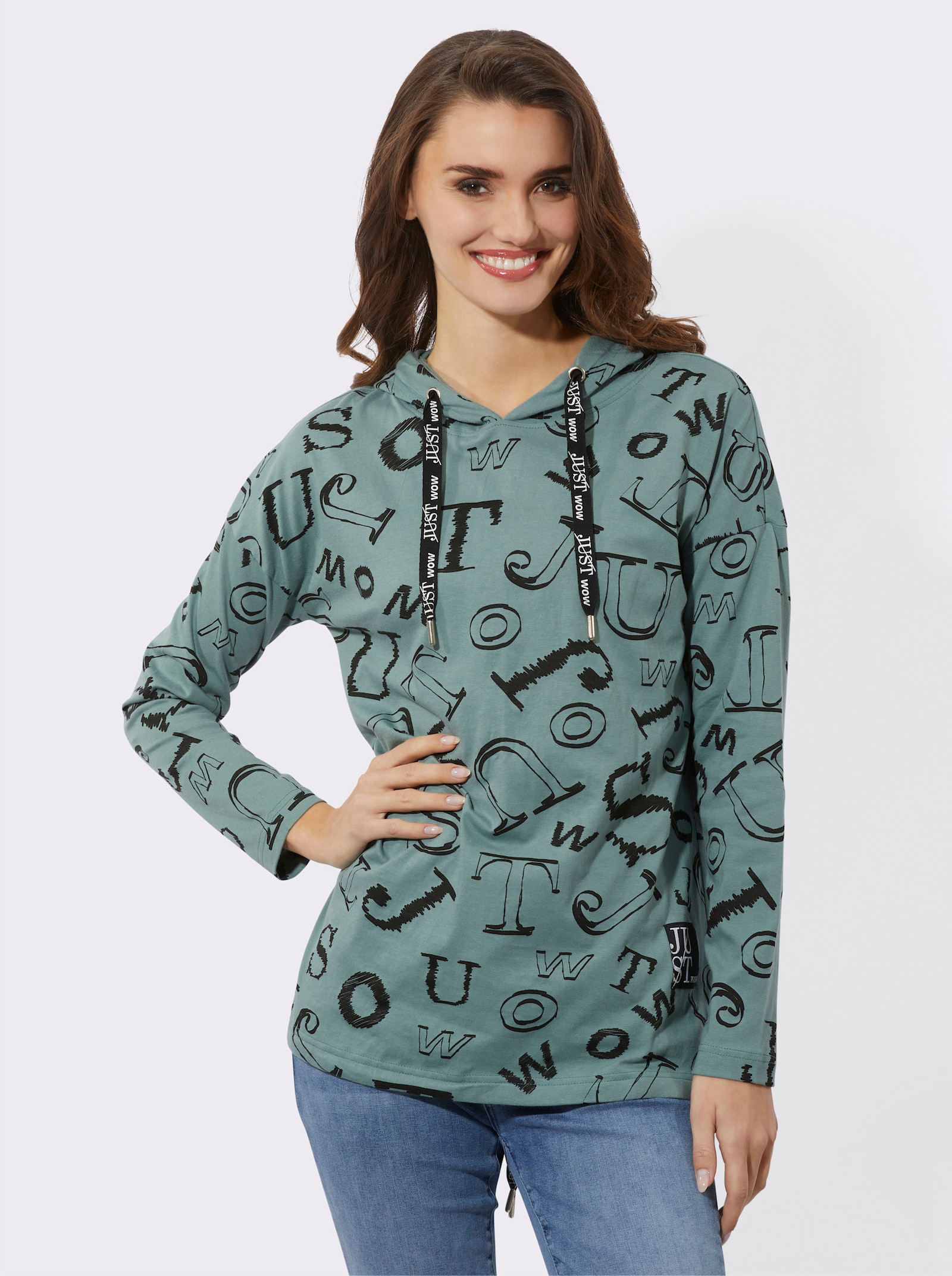 Longshirt im Lettering-Dessin - jade-schwarz