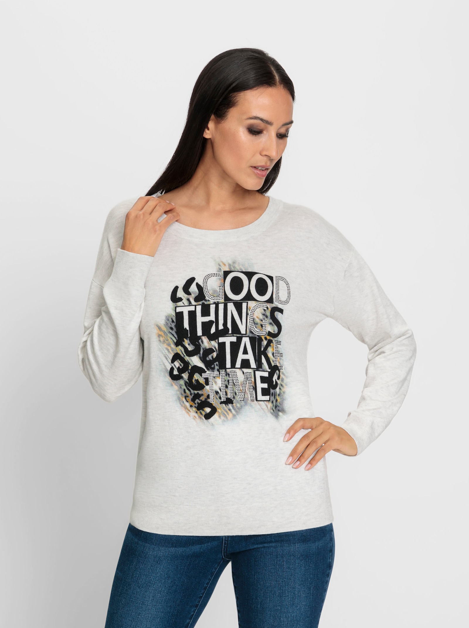 heine Feinstrickpullover mit platziertem Druck - ecru-grau-meliert