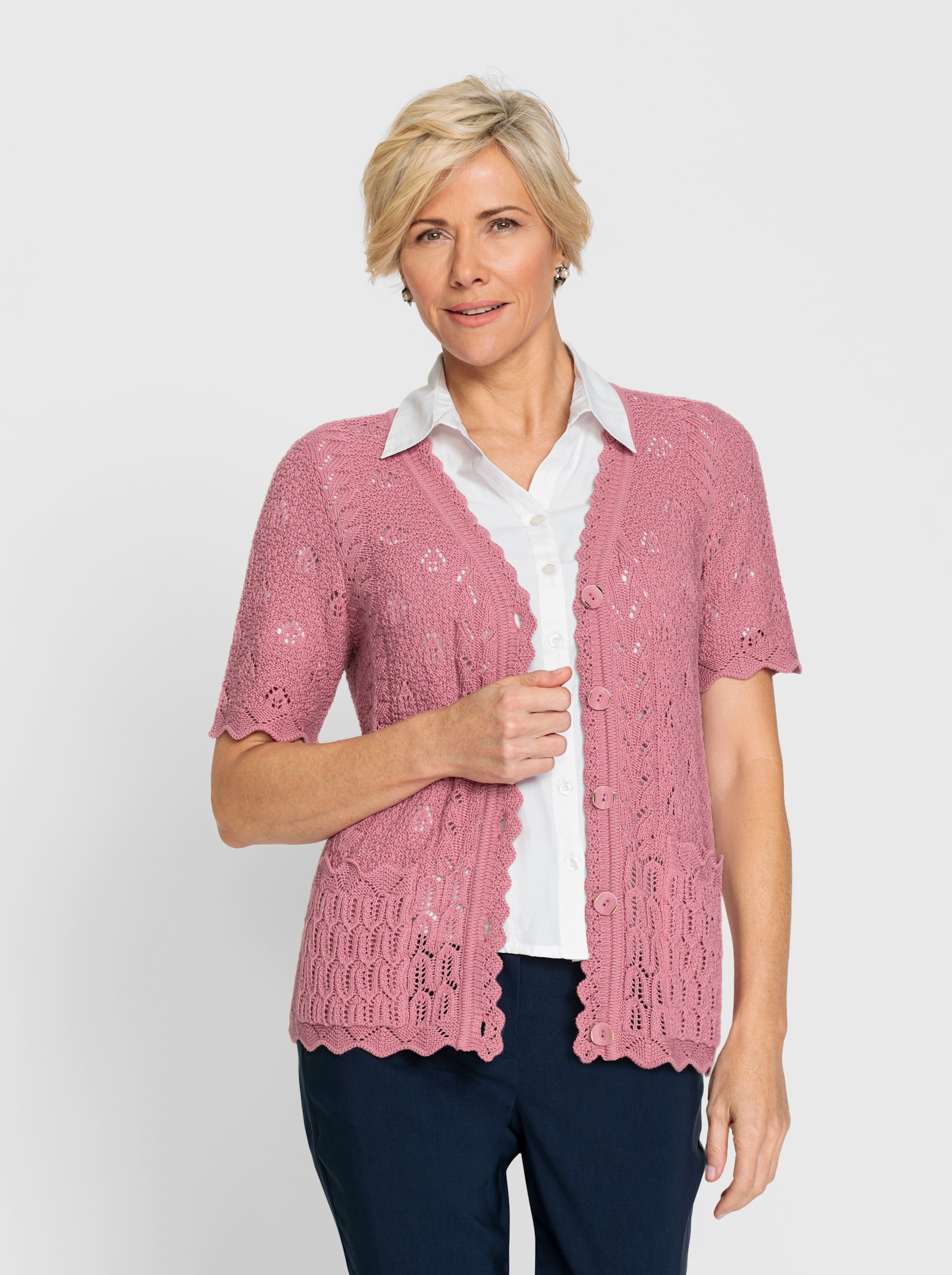 Ajourstrickjacke mit V-Ausschnitt - altrosa